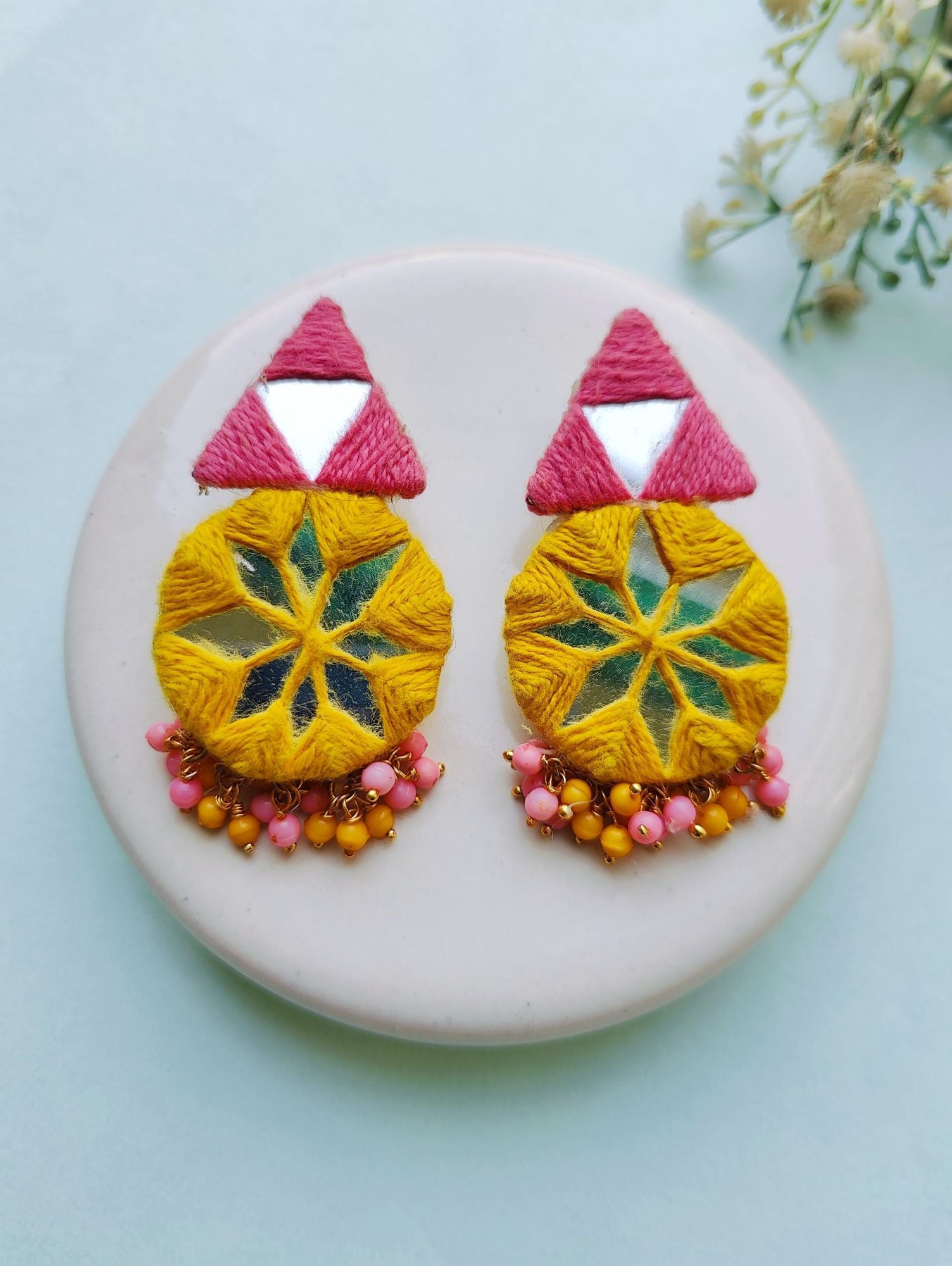 Handcrafted Pink-Yellow Beaded Fabric Earrings for Women for Haldi, Mehandi, and Party occasions