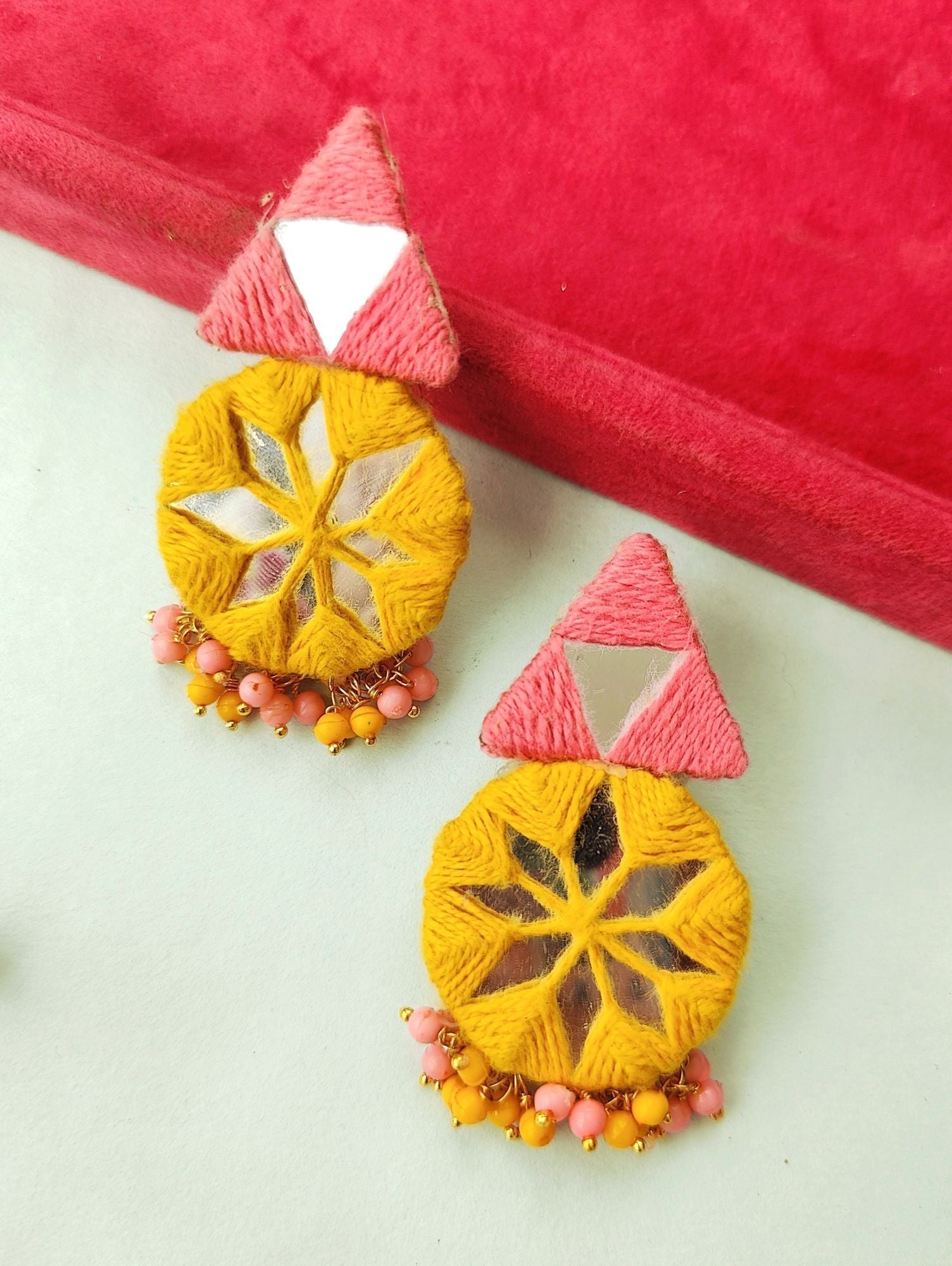 Handcrafted Pink-Yellow Beaded Fabric Earrings for Women for Haldi, Mehandi, and Party occasions