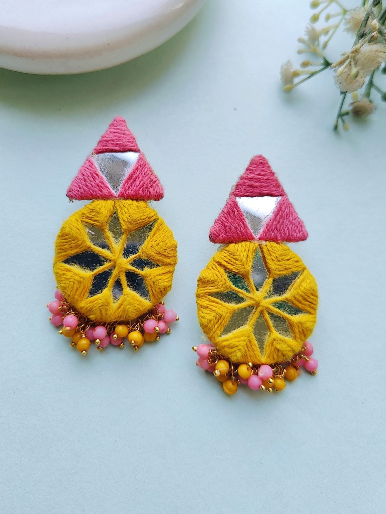 Handcrafted Pink-Yellow Beaded Fabric Earrings for Women for Haldi, Mehandi, and Party occasions