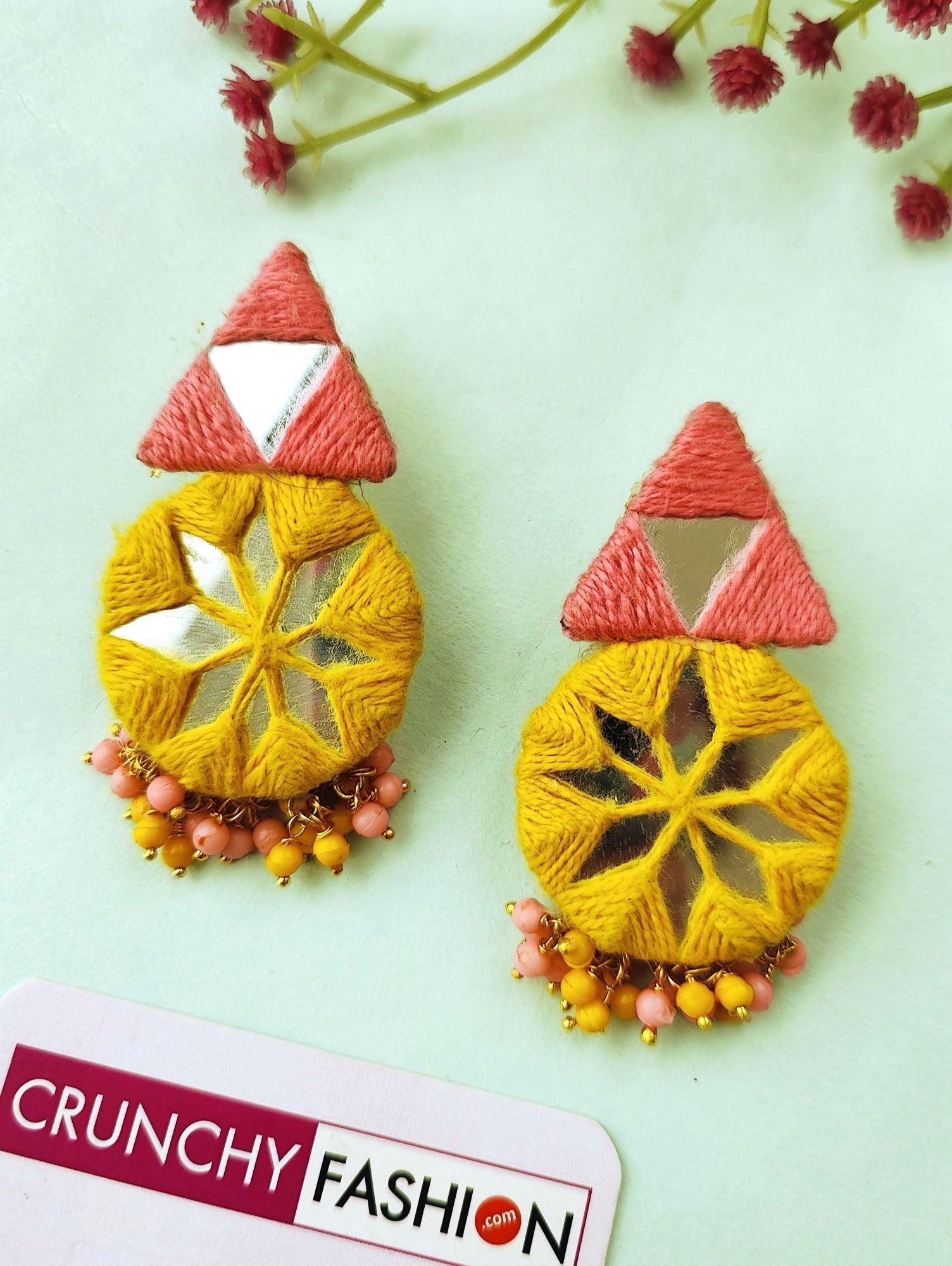 Handcrafted Pink-Yellow Beaded Fabric Earrings for Women for Haldi, Mehandi, and Party occasions