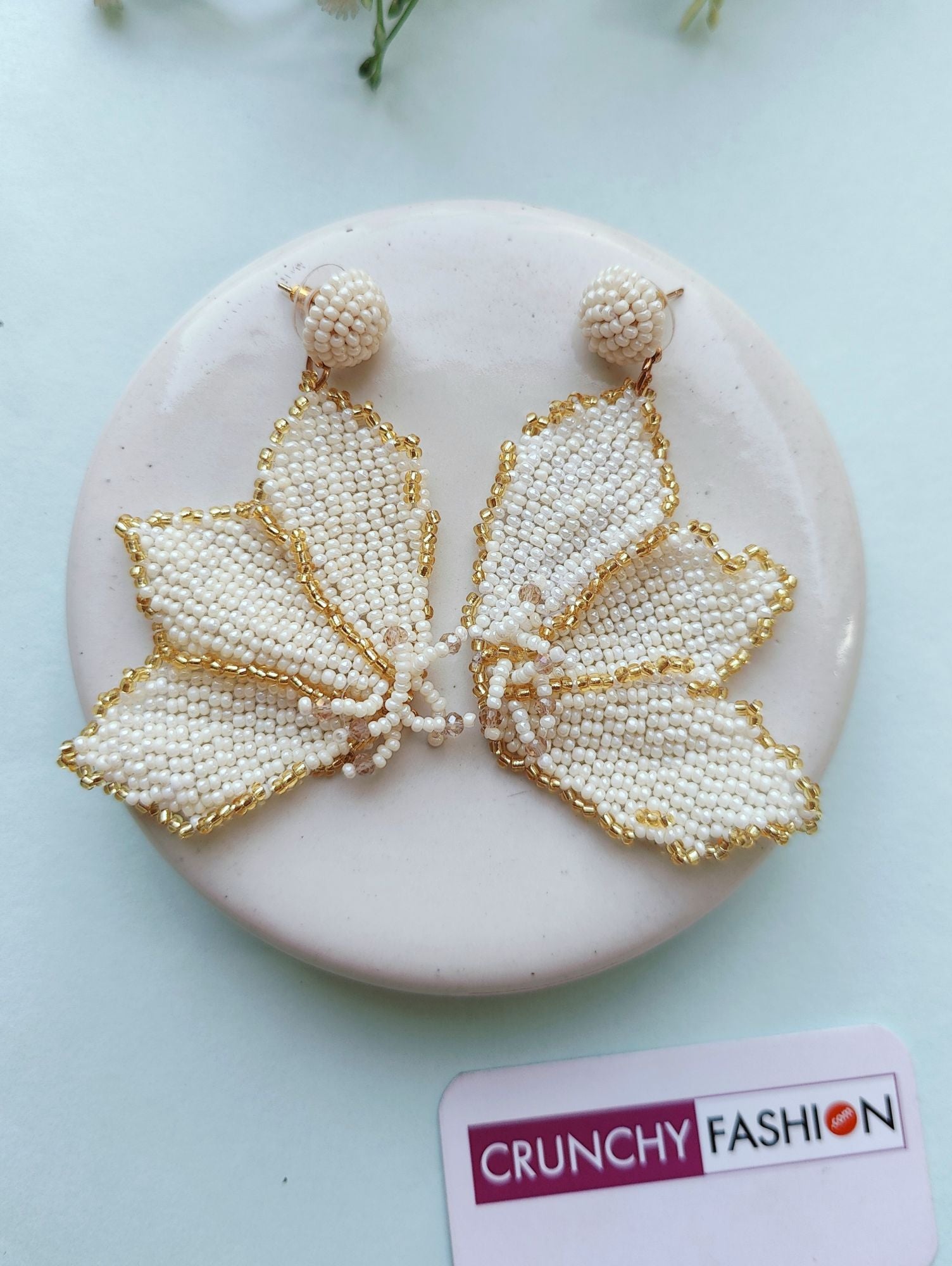 Handmade white butterfly earrings with beads for women and girls, ideal for weddings and parties