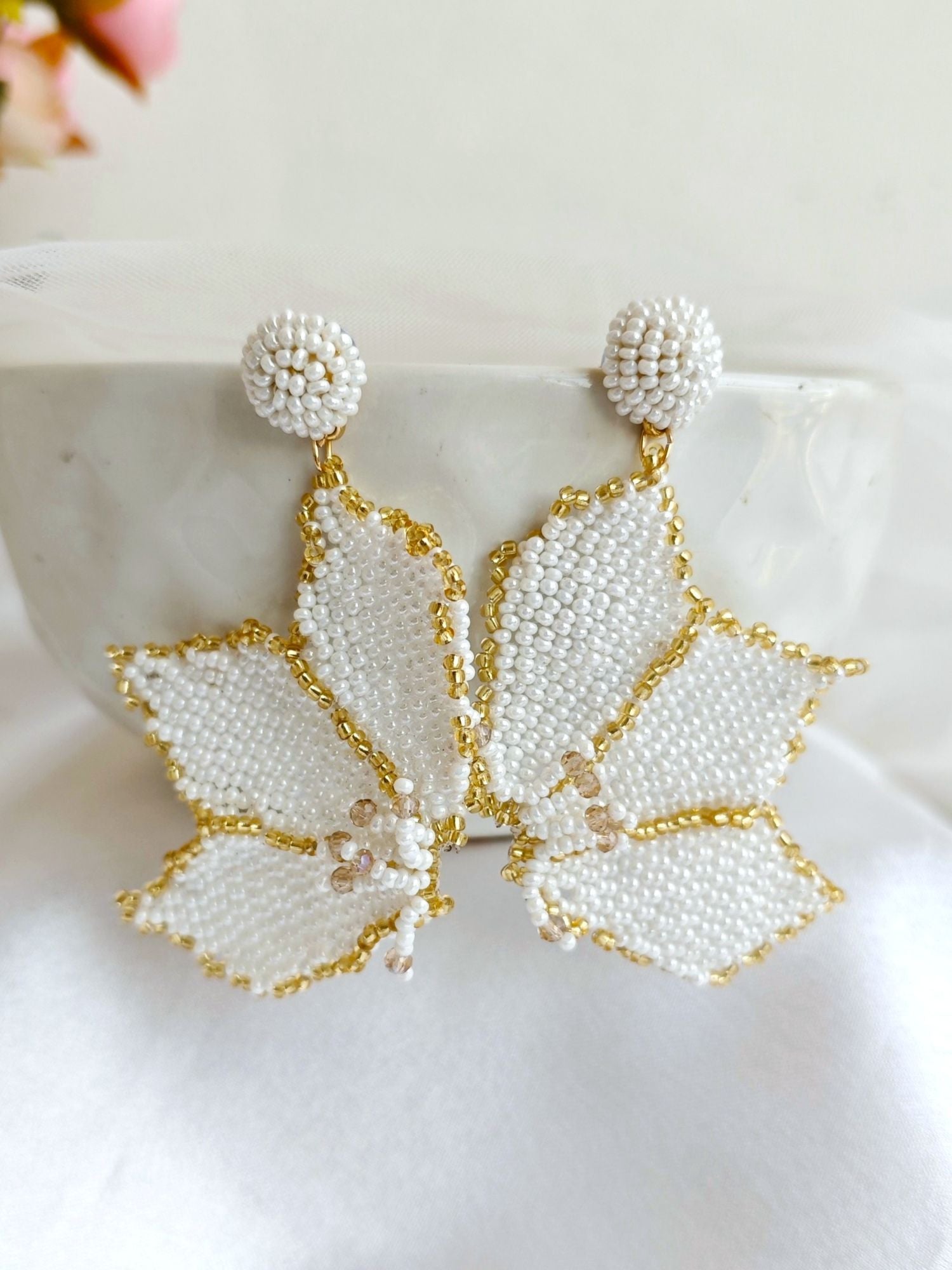 Handmade white butterfly earrings with beads for women and girls, ideal for weddings and parties