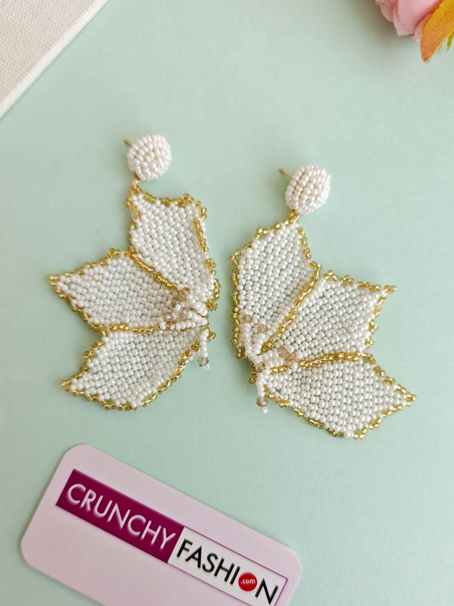 Handmade white butterfly earrings with beads for women and girls, ideal for weddings and parties