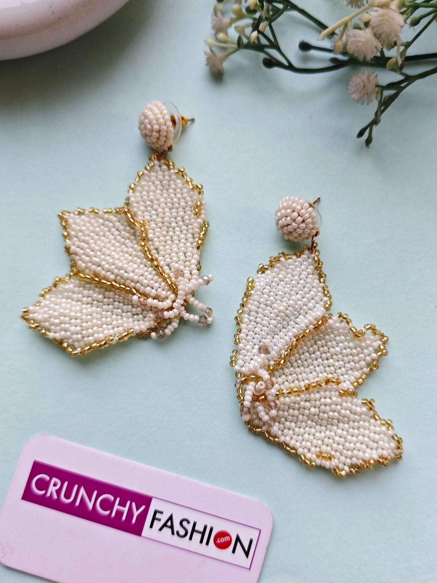 Handmade white butterfly earrings with beads for women and girls, ideal for weddings and parties