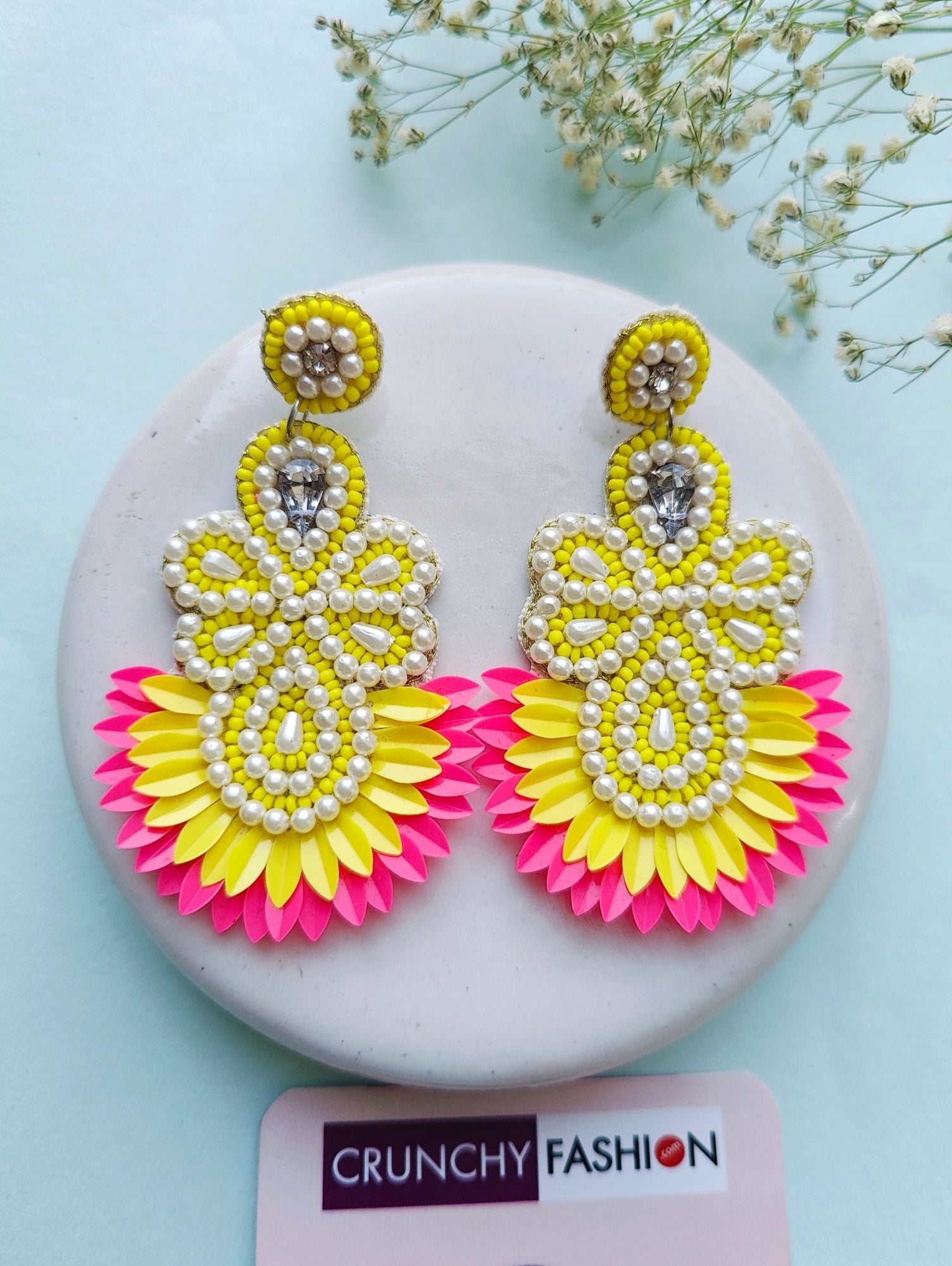 Handmade pink-yellow flower earrings with beaded design, perfect for women and girls at parties
