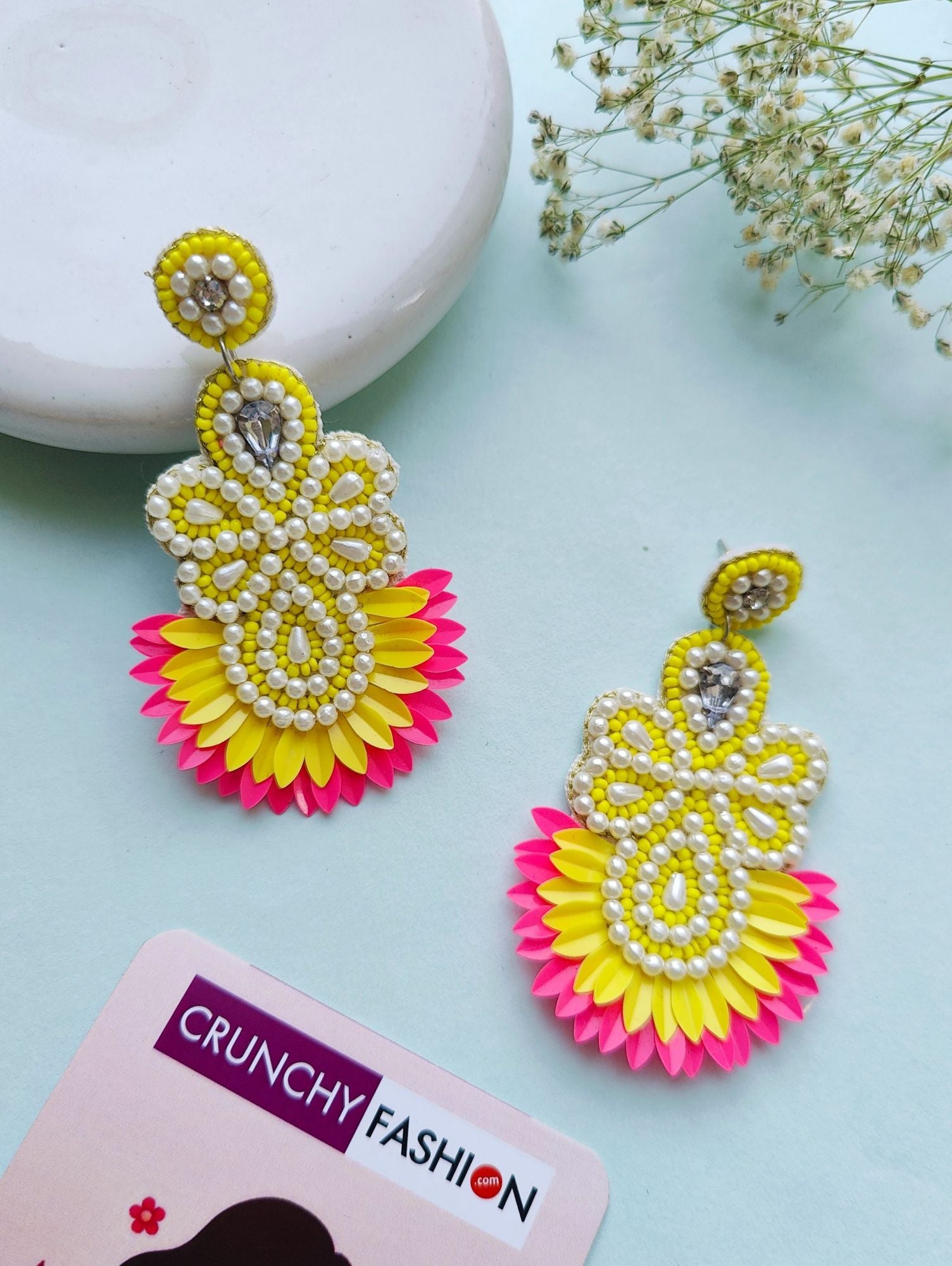 Handmade pink-yellow flower earrings with beaded design, perfect for women and girls at parties