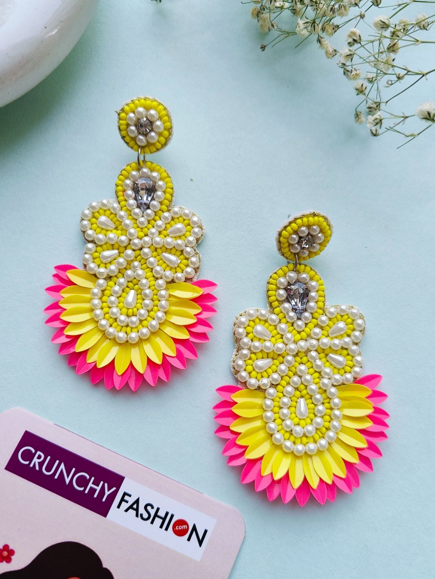 Handmade pink-yellow flower earrings with beaded design, perfect for women and girls at parties