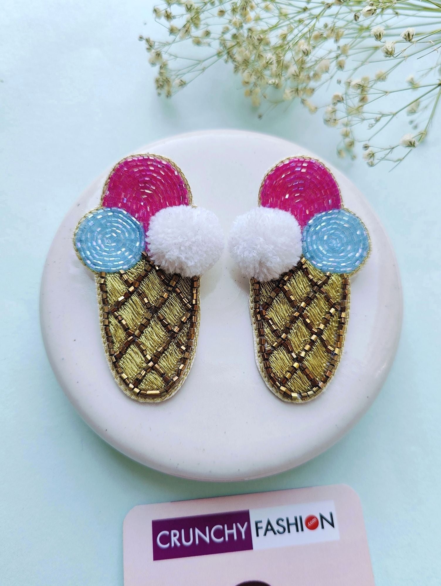 Quirky ice cream cone shaped beaded earrings in pink, yellow, and white for women and girls