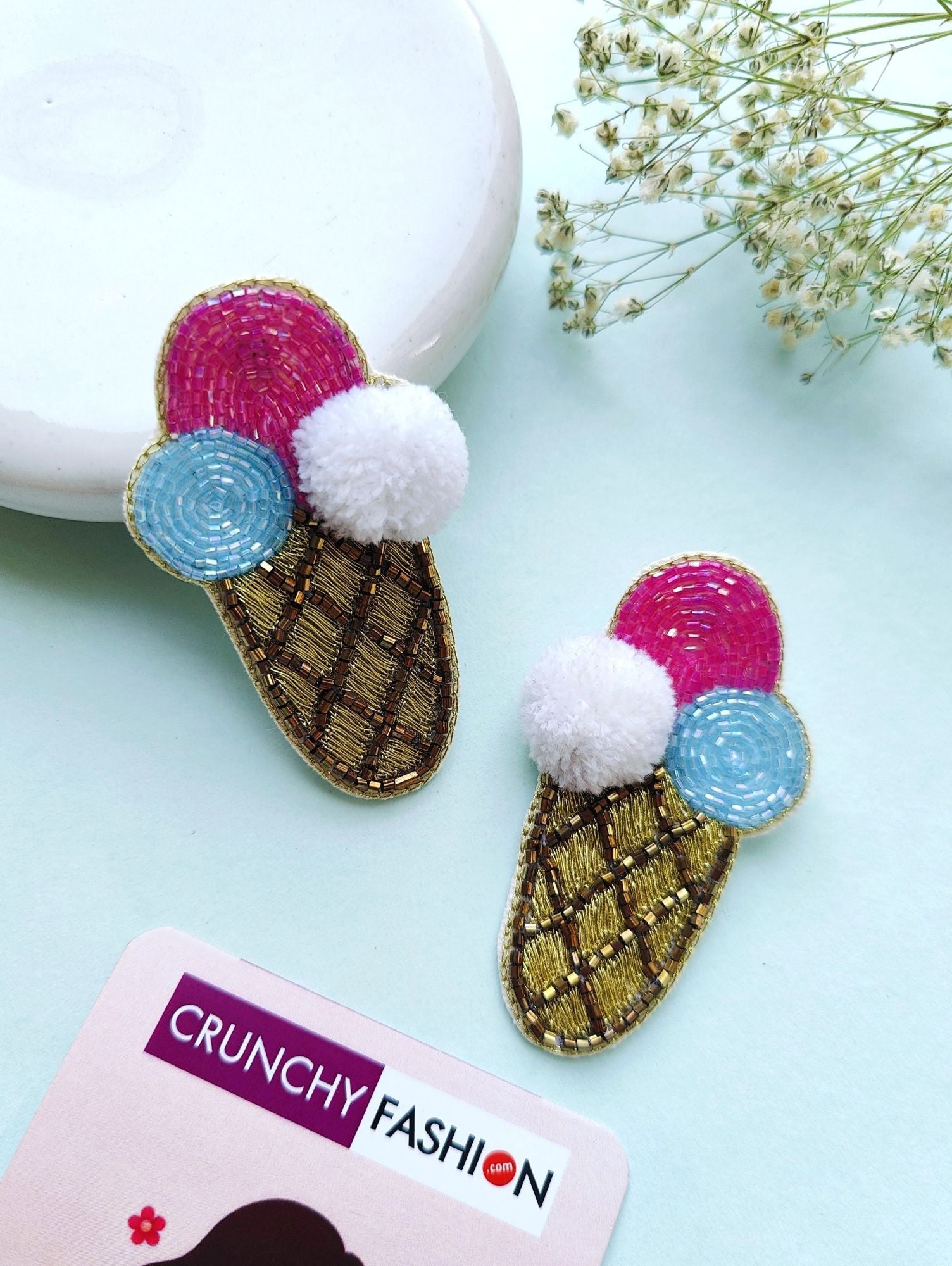 Quirky ice cream cone shaped beaded earrings in pink, yellow, and white for women and girls