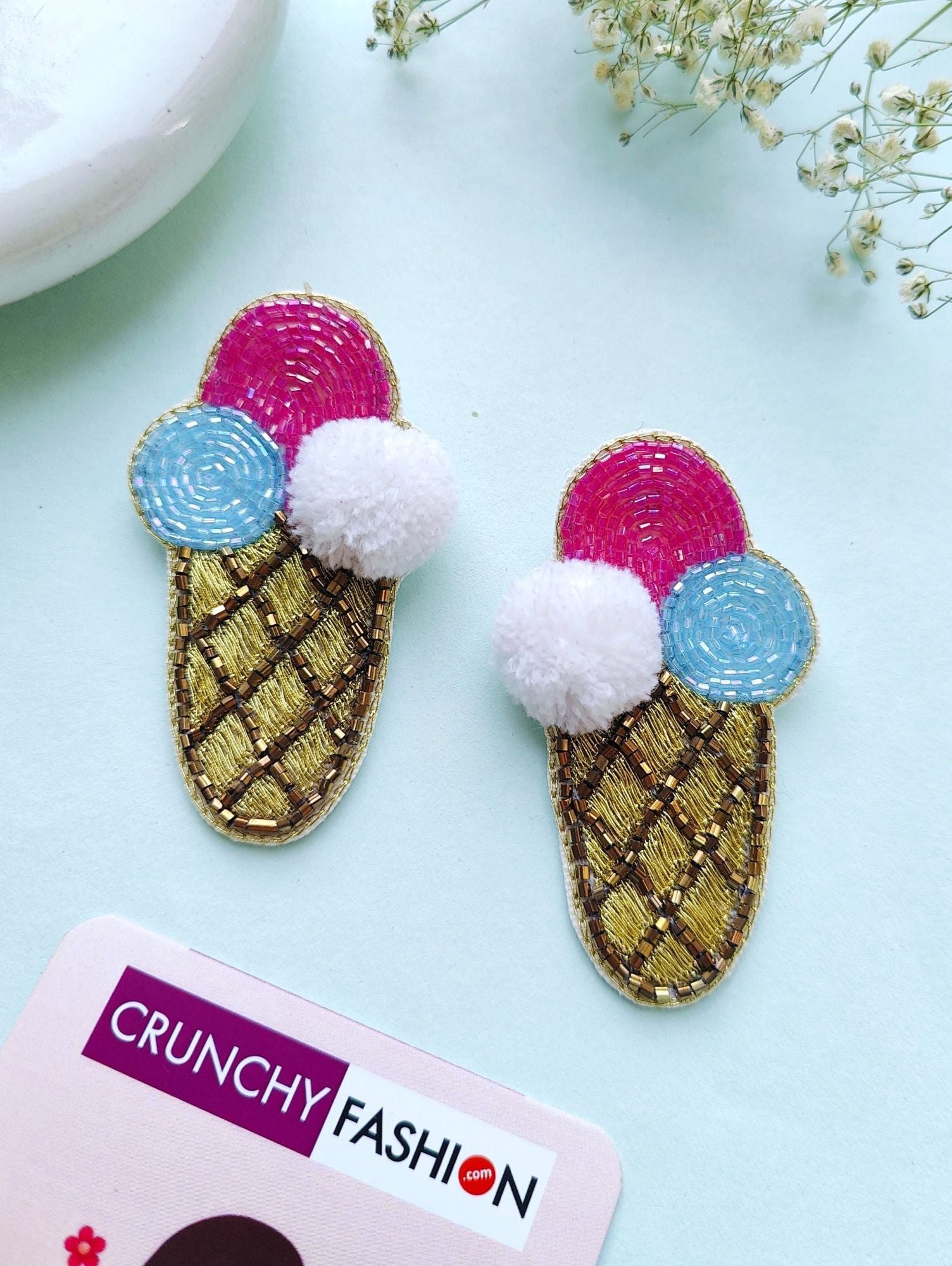 Quirky ice cream cone shaped beaded earrings in pink, yellow, and white for women and girls