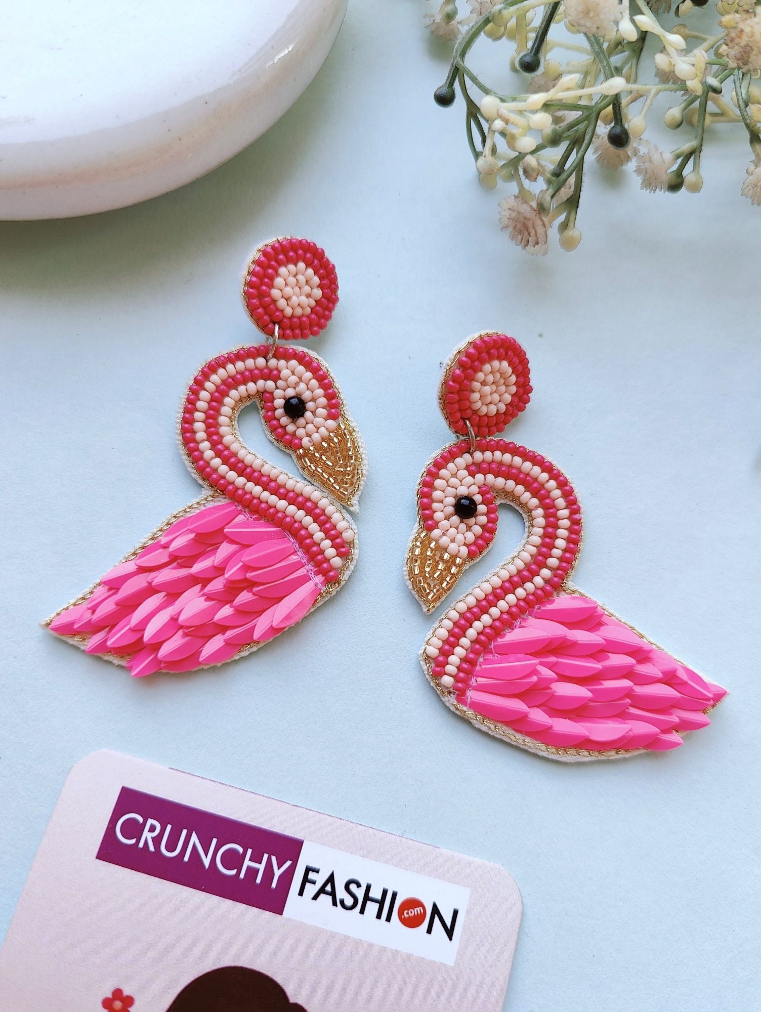 Pink Flammingo drop and dangler earrings, handcrafted beaded flower design for women and girls