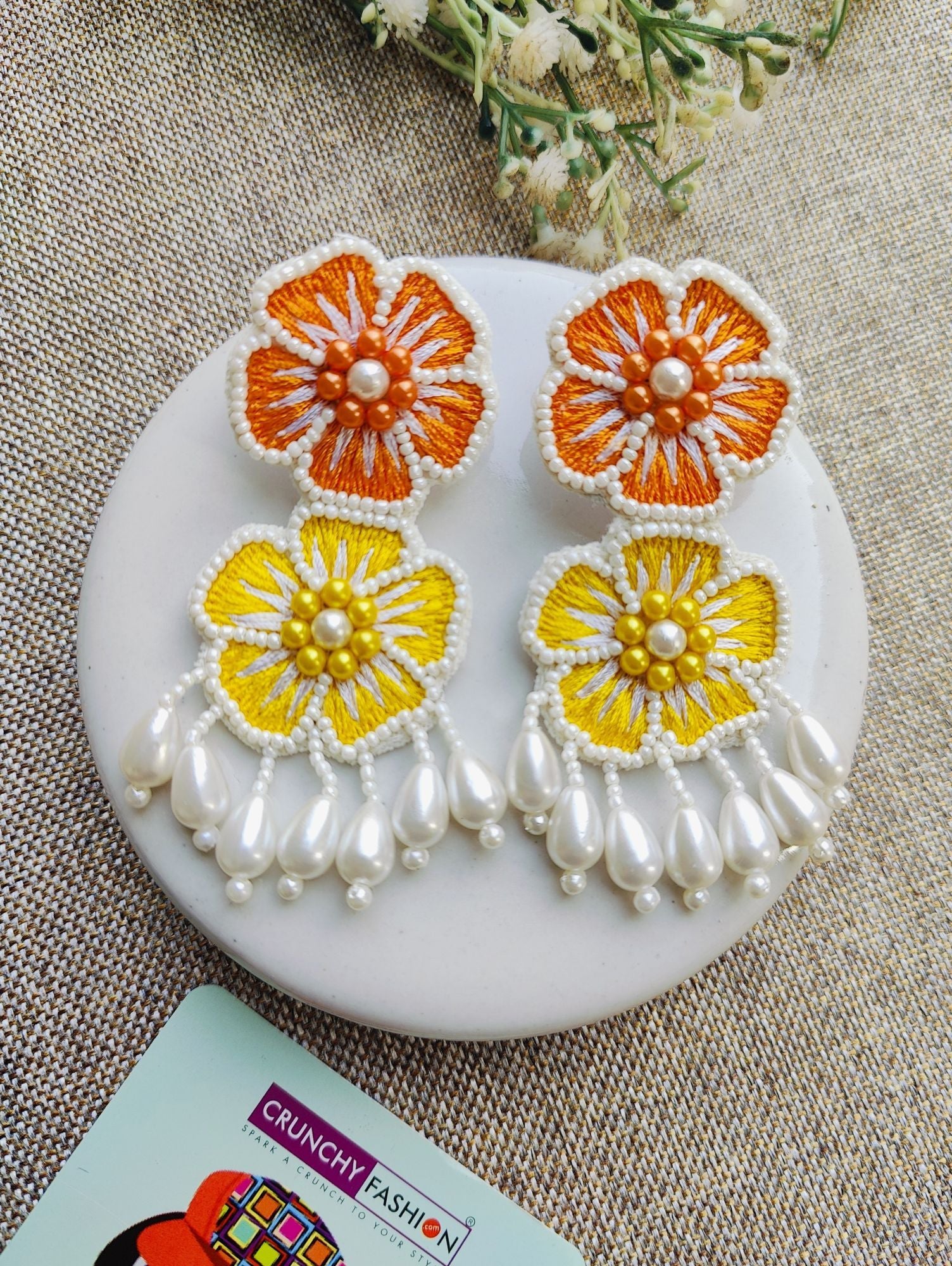Handcrafted Yellow-Orange Earrings for party & Haldi, from the floral HANDICRAFT collection.
