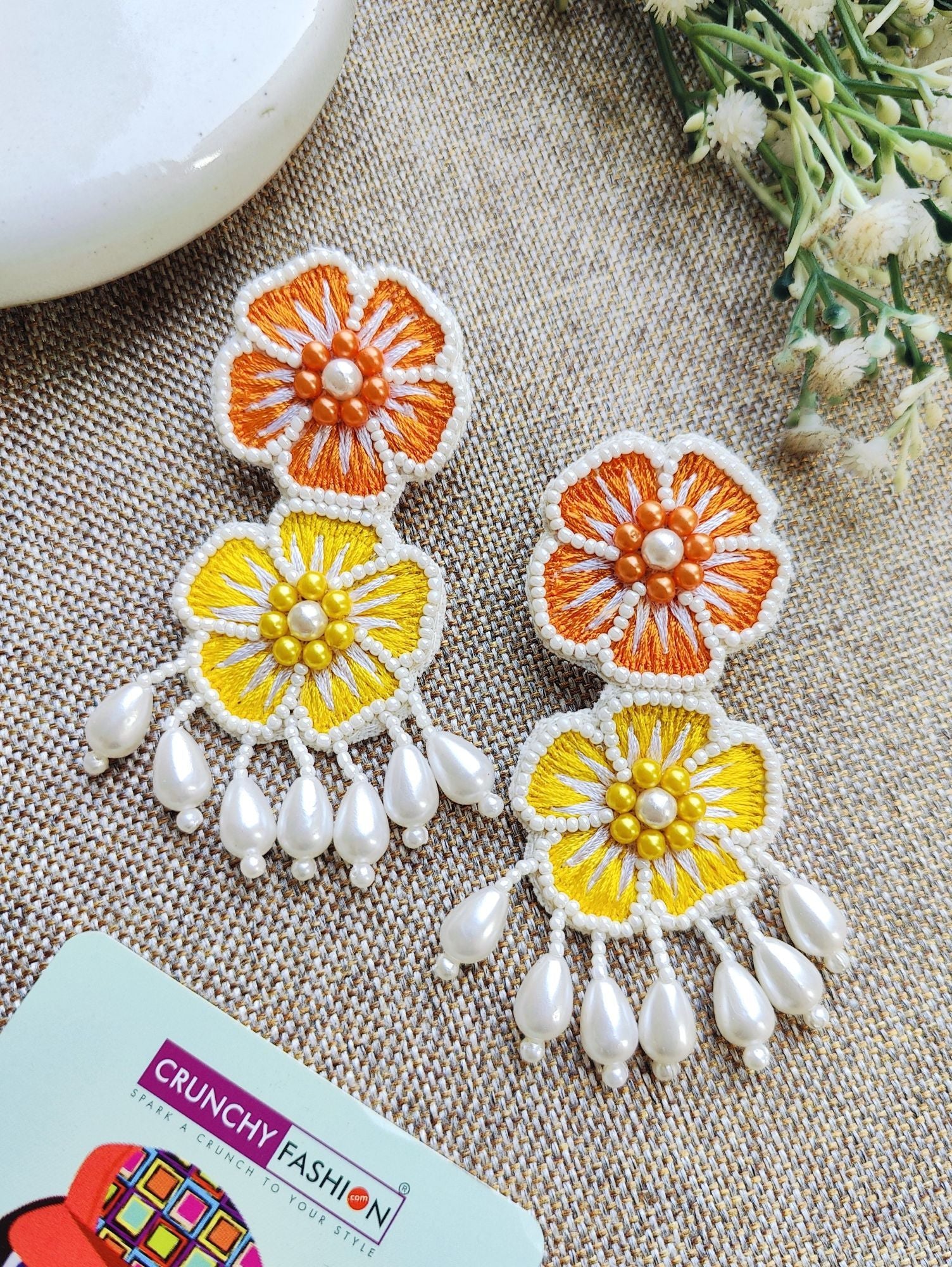 Handcrafted Yellow-Orange Earrings for party & Haldi, from the floral HANDICRAFT collection.