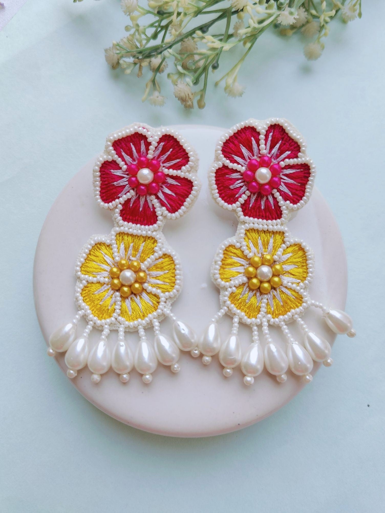 Handmade Pink-Yellow Blossom 2.0 Beaded Earrings for WOmen