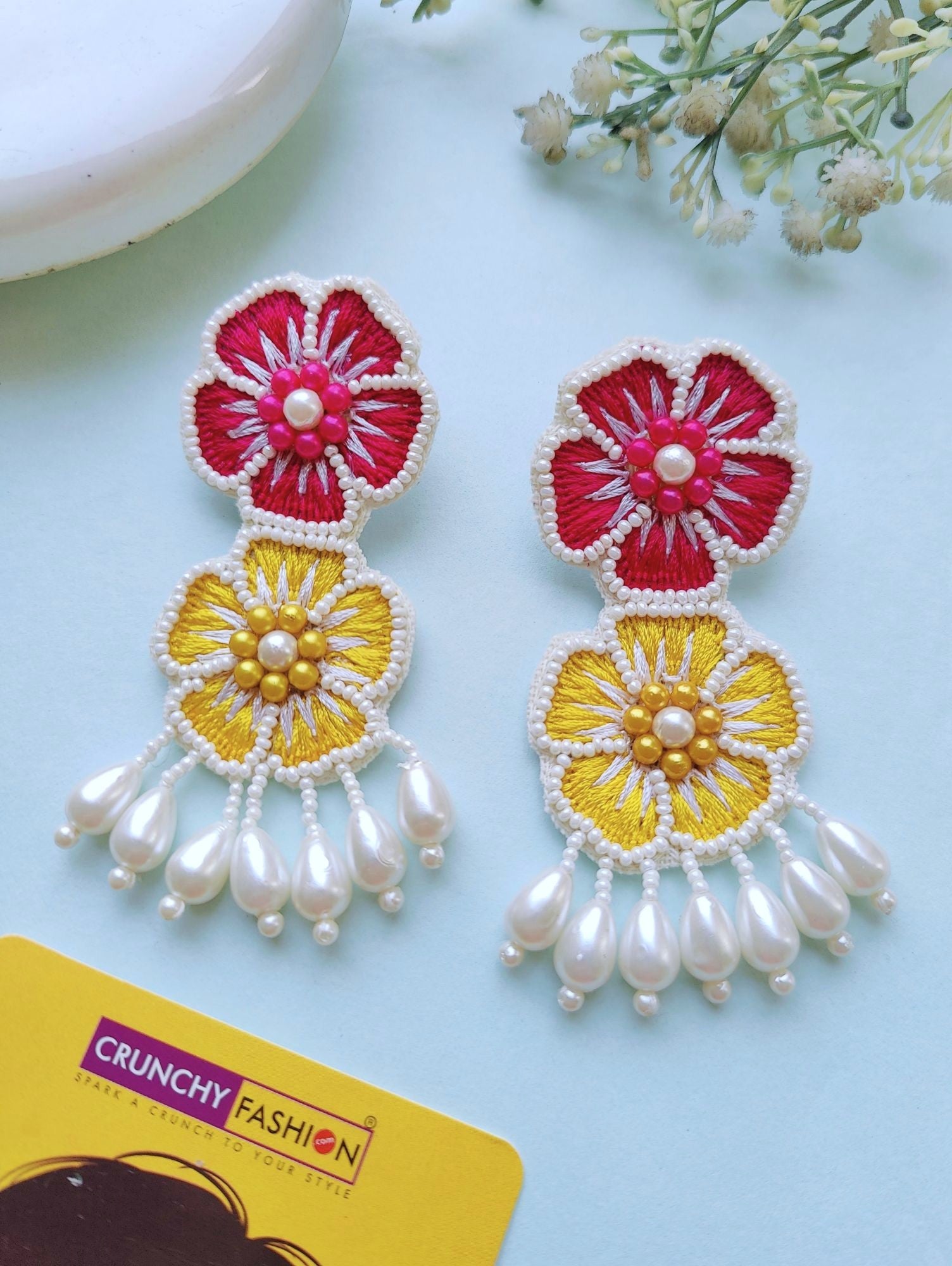 Handmade Pink-Yellow Blossom 2.0 Beaded Earrings for WOmen