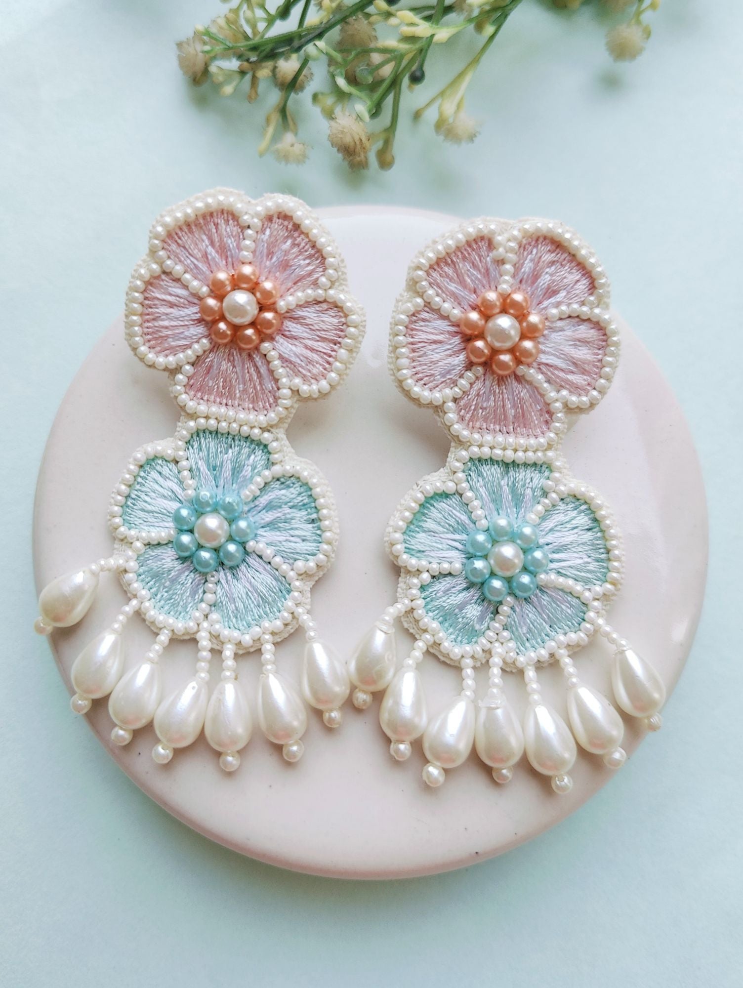 Baby Pink-Powder Blue Handmade Floral Earrings For Girls Women