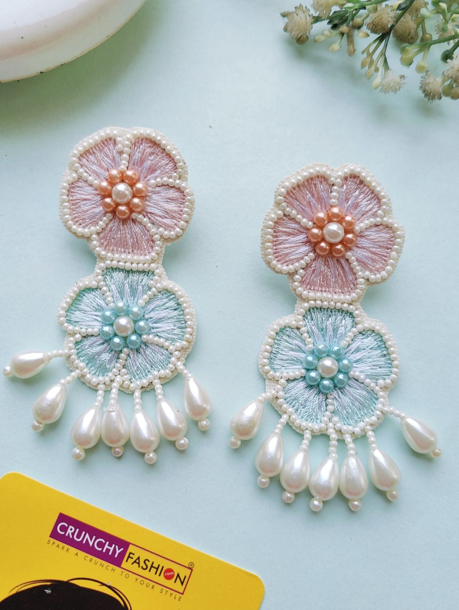 Handmade Baby Pink-Sky Blue Blossom Earrings, beaded flower design for women, ideal for summer parties