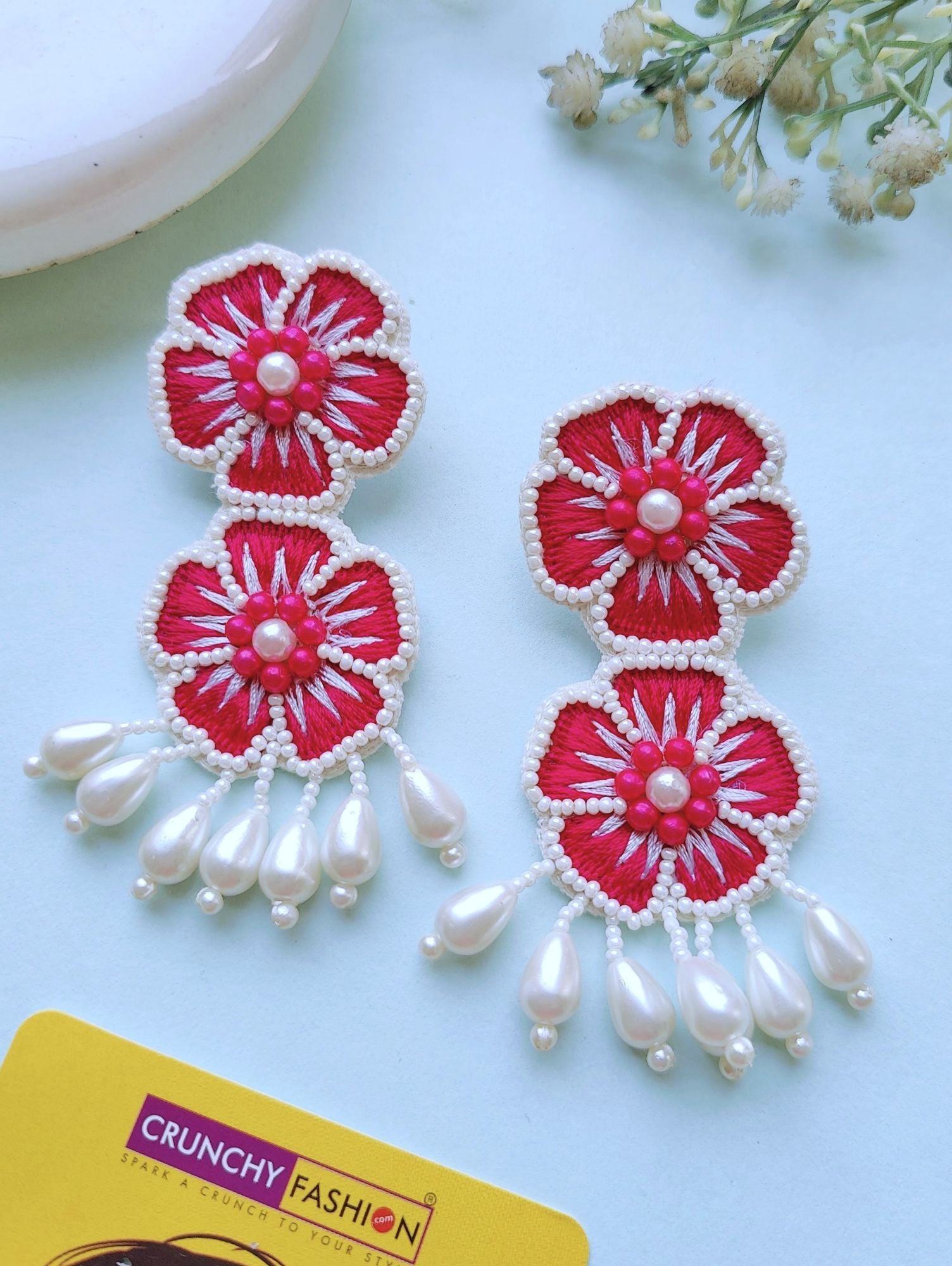 Handmade Hot Pink Blossom Earrings, perfect for Haldi, Mehandi, or Party occasions, stunning design.