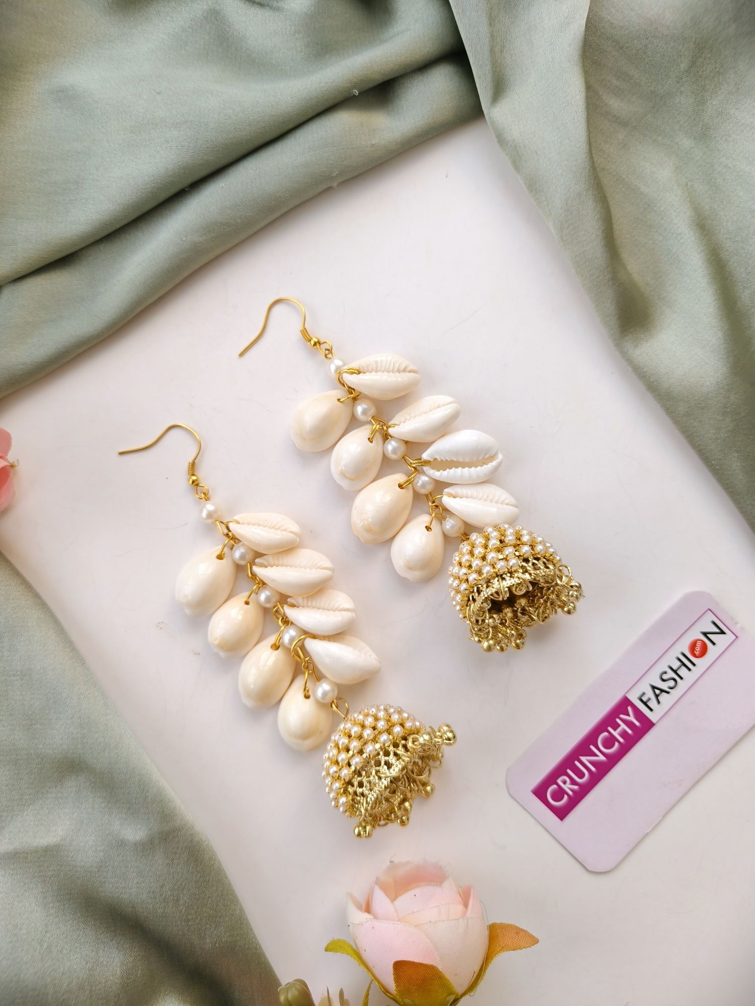 Floral themed, white pearl and sea shell jhumka earrings, and maang tikka set for women, perfect for Haldi occasion