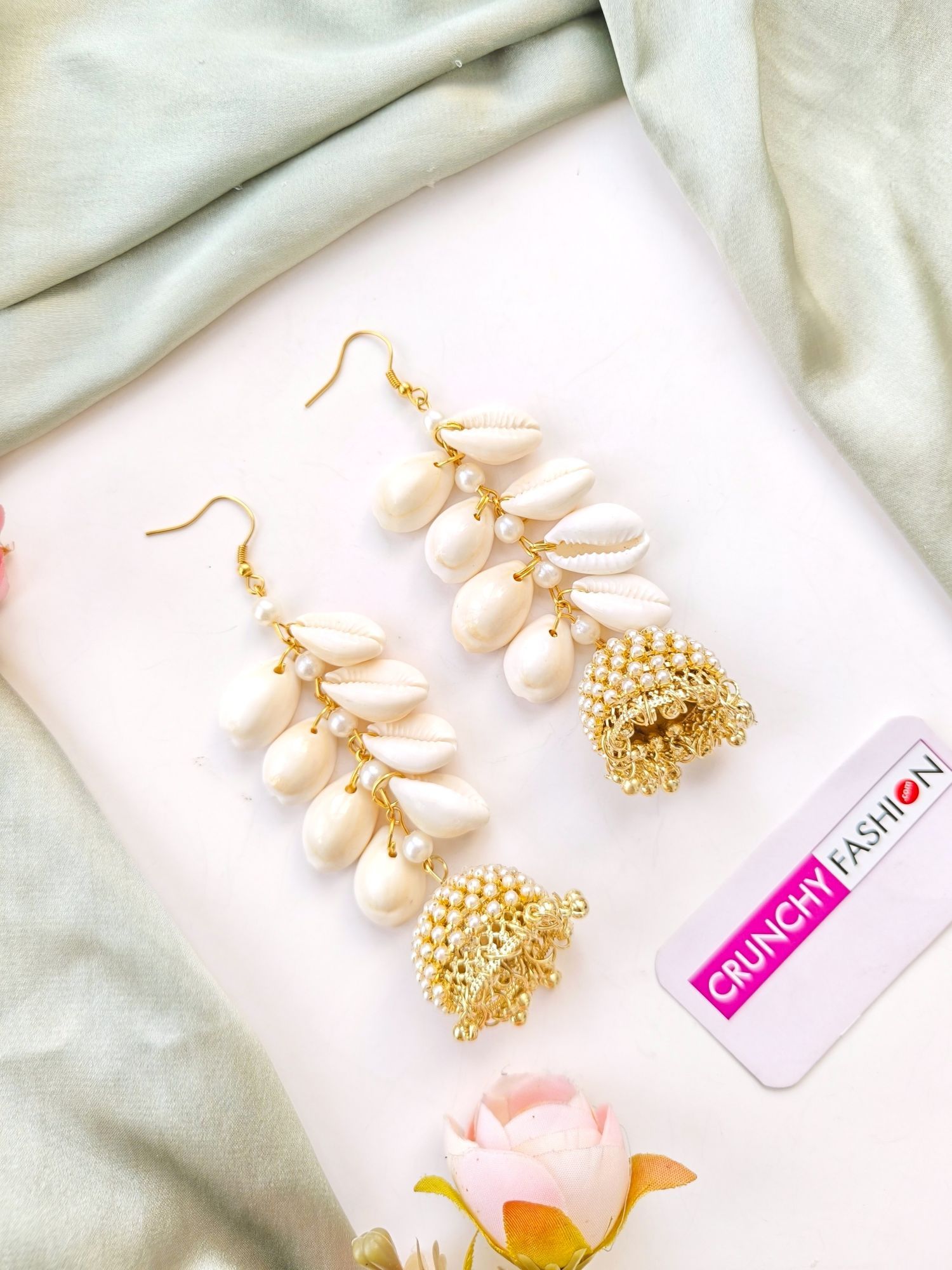 Floral themed, white pearl and sea shell jhumka earrings, and maang tikka set for women, perfect for Haldi occasion