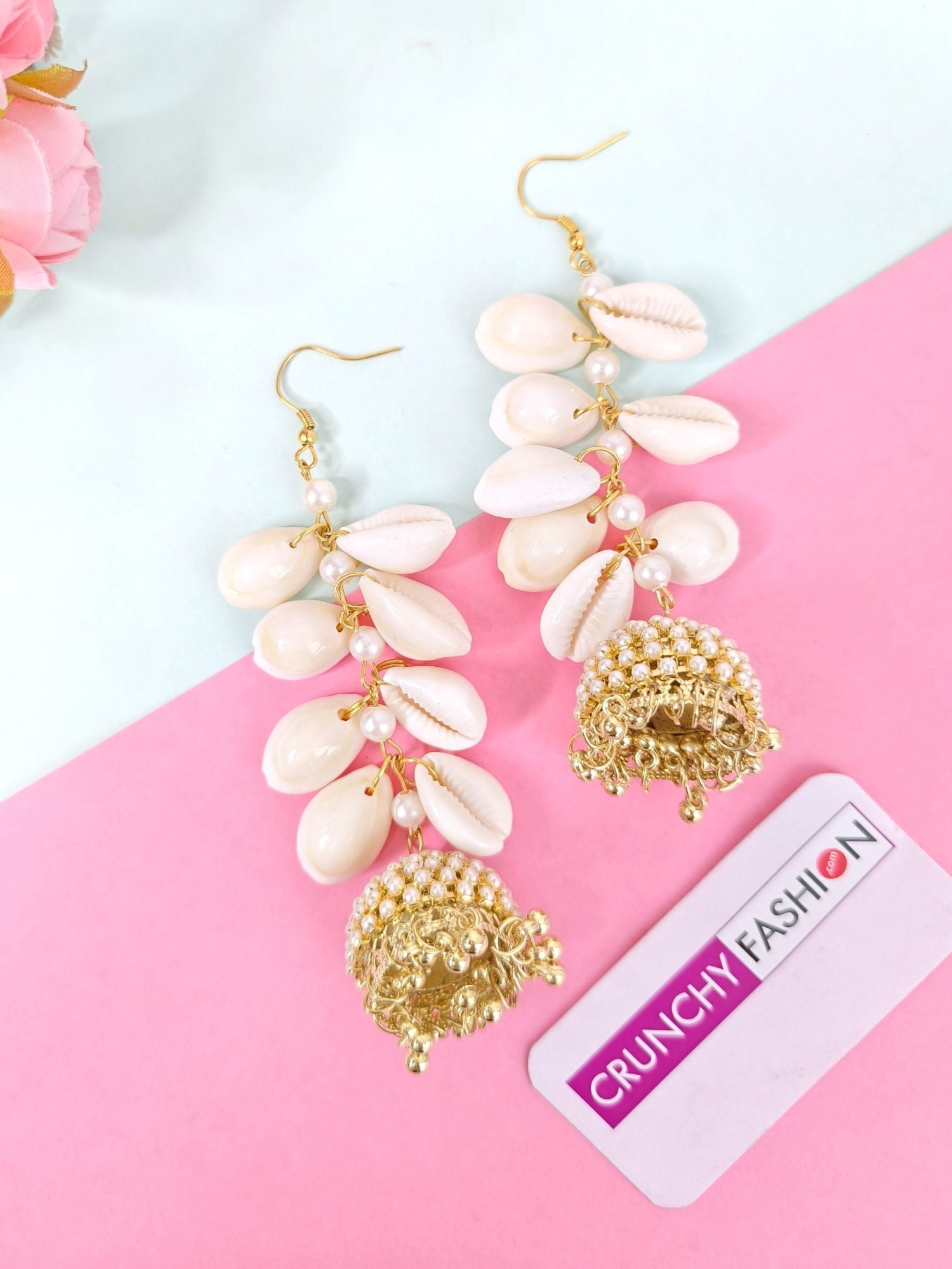 Floral themed, white pearl and sea shell jhumka earrings, and maang tikka set for women, perfect for Haldi occasion