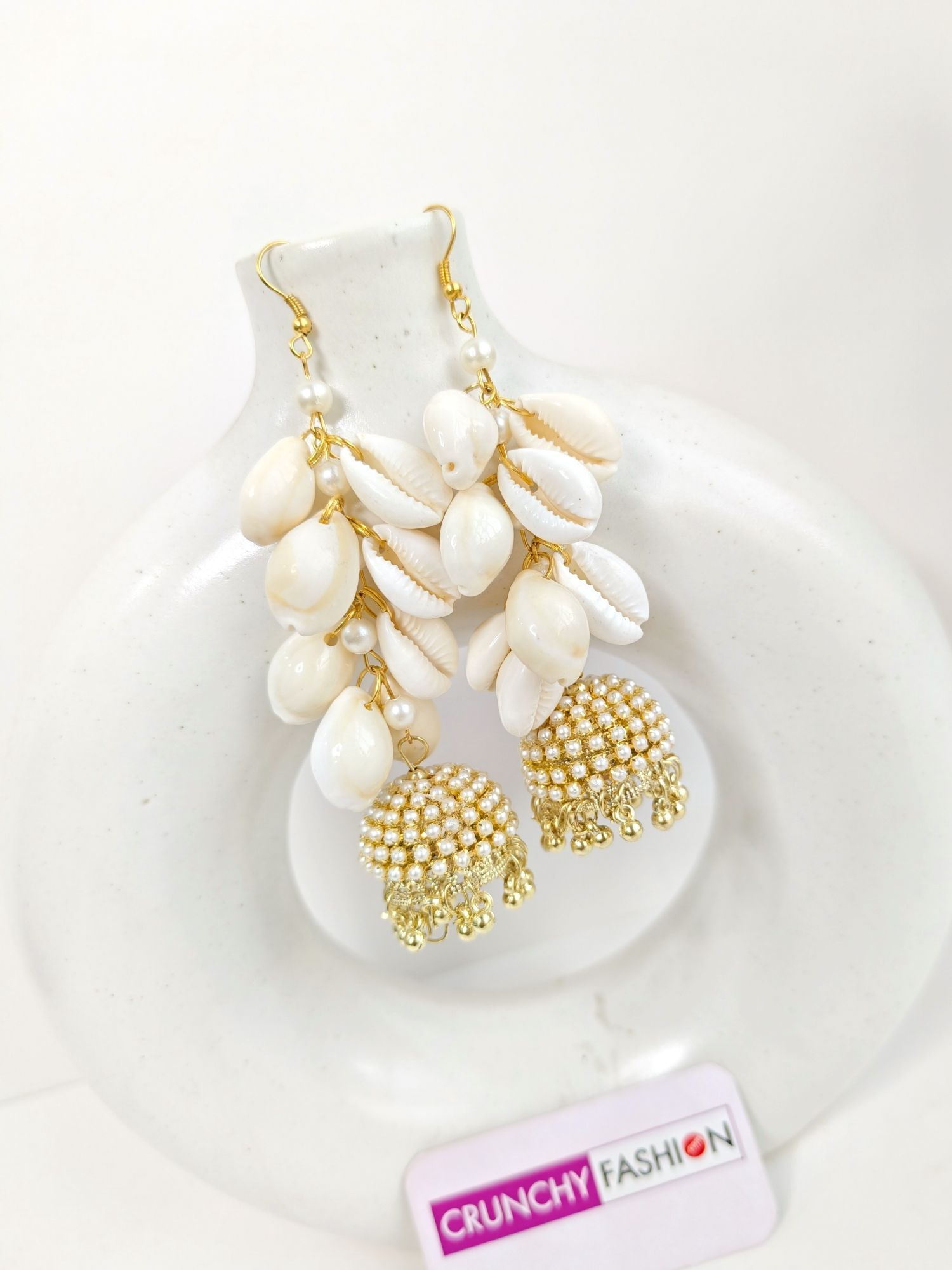 Floral themed, white pearl and sea shell jhumka earrings, and maang tikka set for women, perfect for Haldi occasion