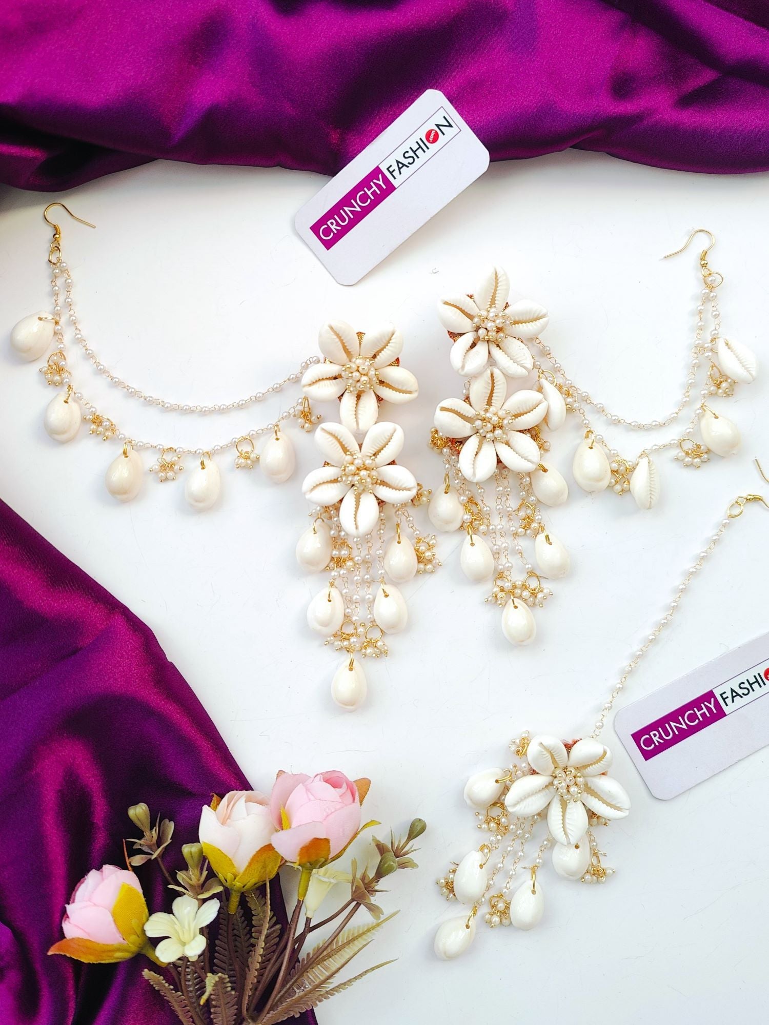 White floral-themed imitation jewelry, Pearl & Sea Shell Earrings & Tikka Set for women, perfect for Haldi occasion