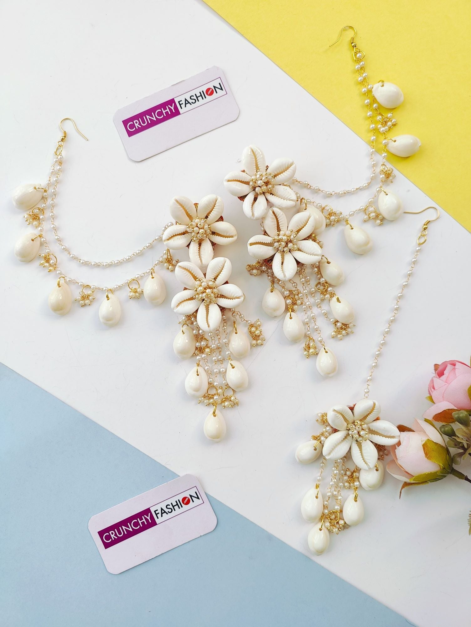 White floral-themed imitation jewelry, Pearl & Sea Shell Earrings & Tikka Set for women, perfect for Haldi occasion