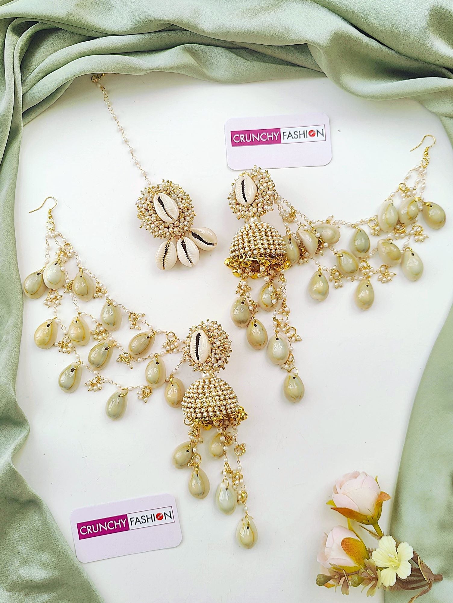 Women's floral Pearl & Shell Jhumka Earrings & Tikka Set, white, ideal for Haldi, push back fixation