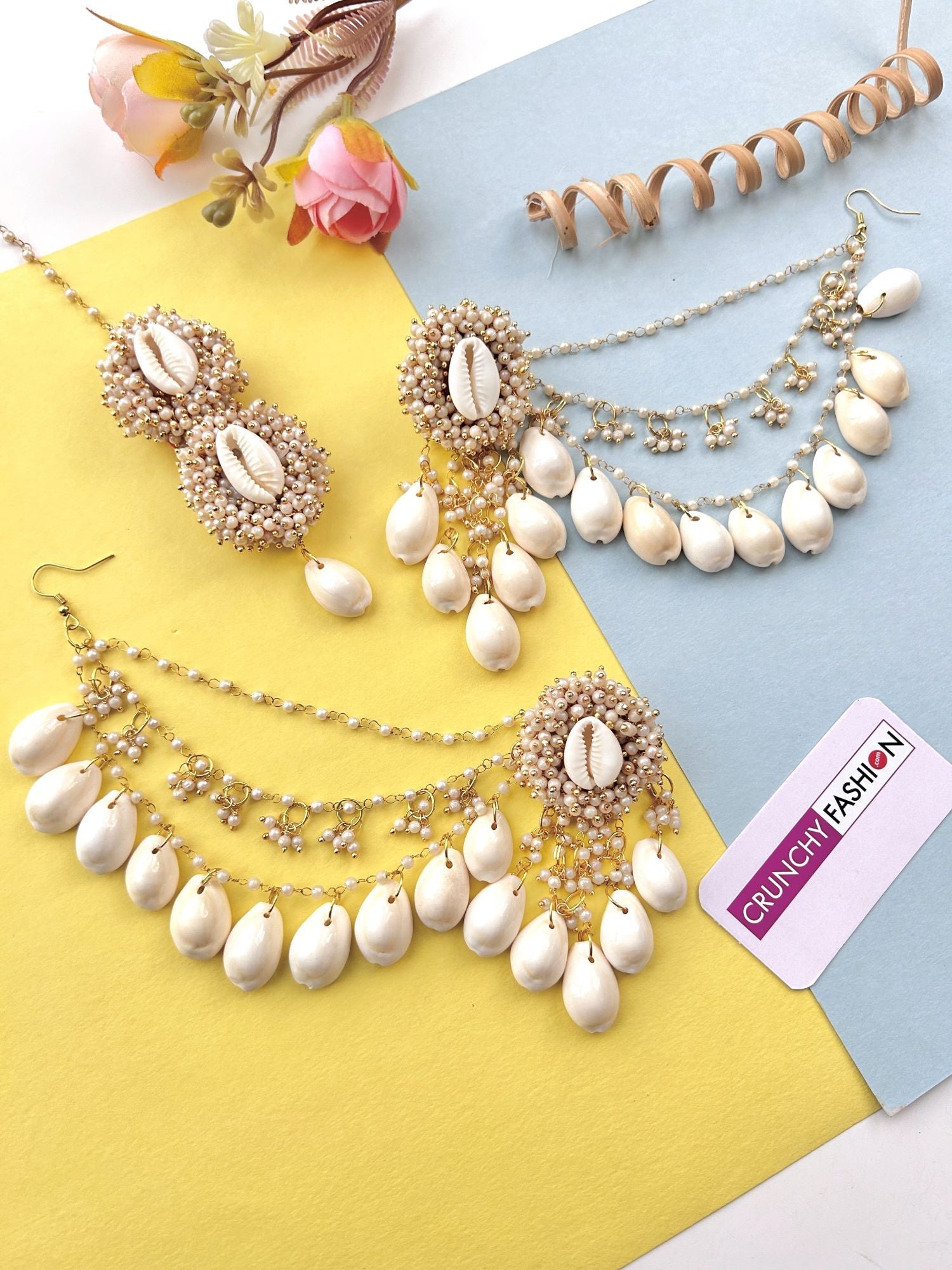 White pearl and sea shell earrings and tikka set, floral themed imitation jewelry for women's Haldi occasion