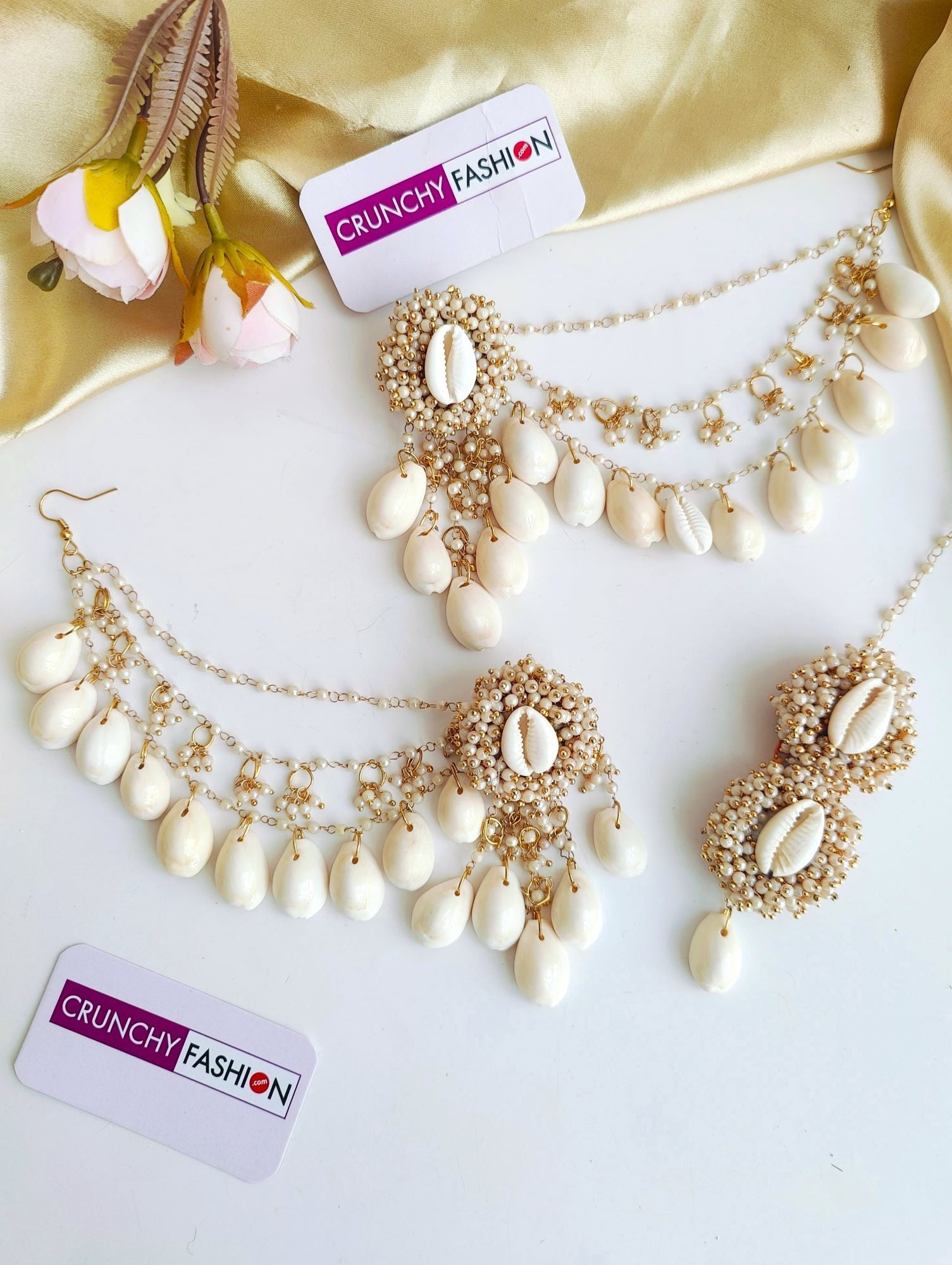 White pearl and sea shell earrings and tikka set, floral themed imitation jewelry for women's Haldi occasion