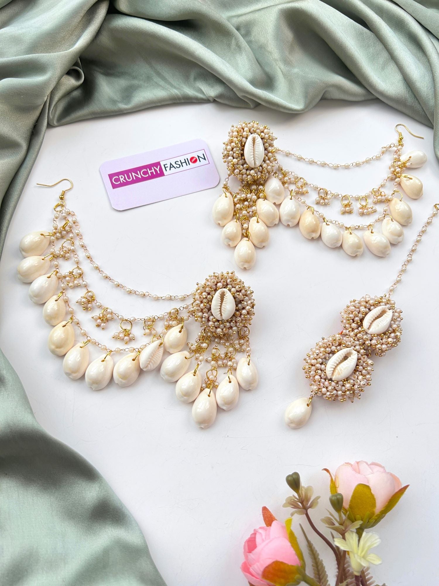 White pearl and sea shell earrings and tikka set, floral themed imitation jewelry for women's Haldi occasion