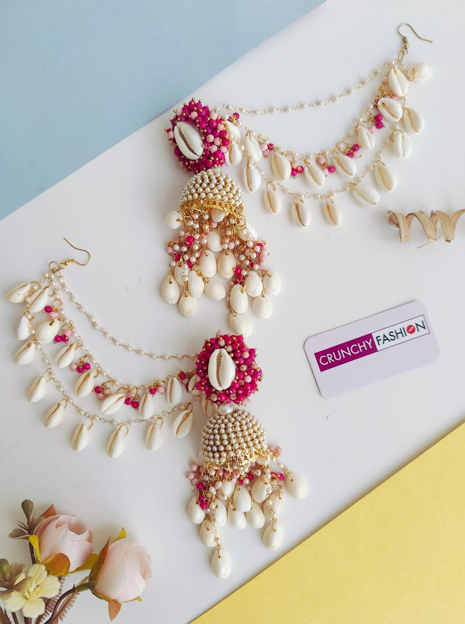 Women's pink floral imitation jewelry, Pearl & Sea Shell drop and dangler earrings with Earchian for Haldi