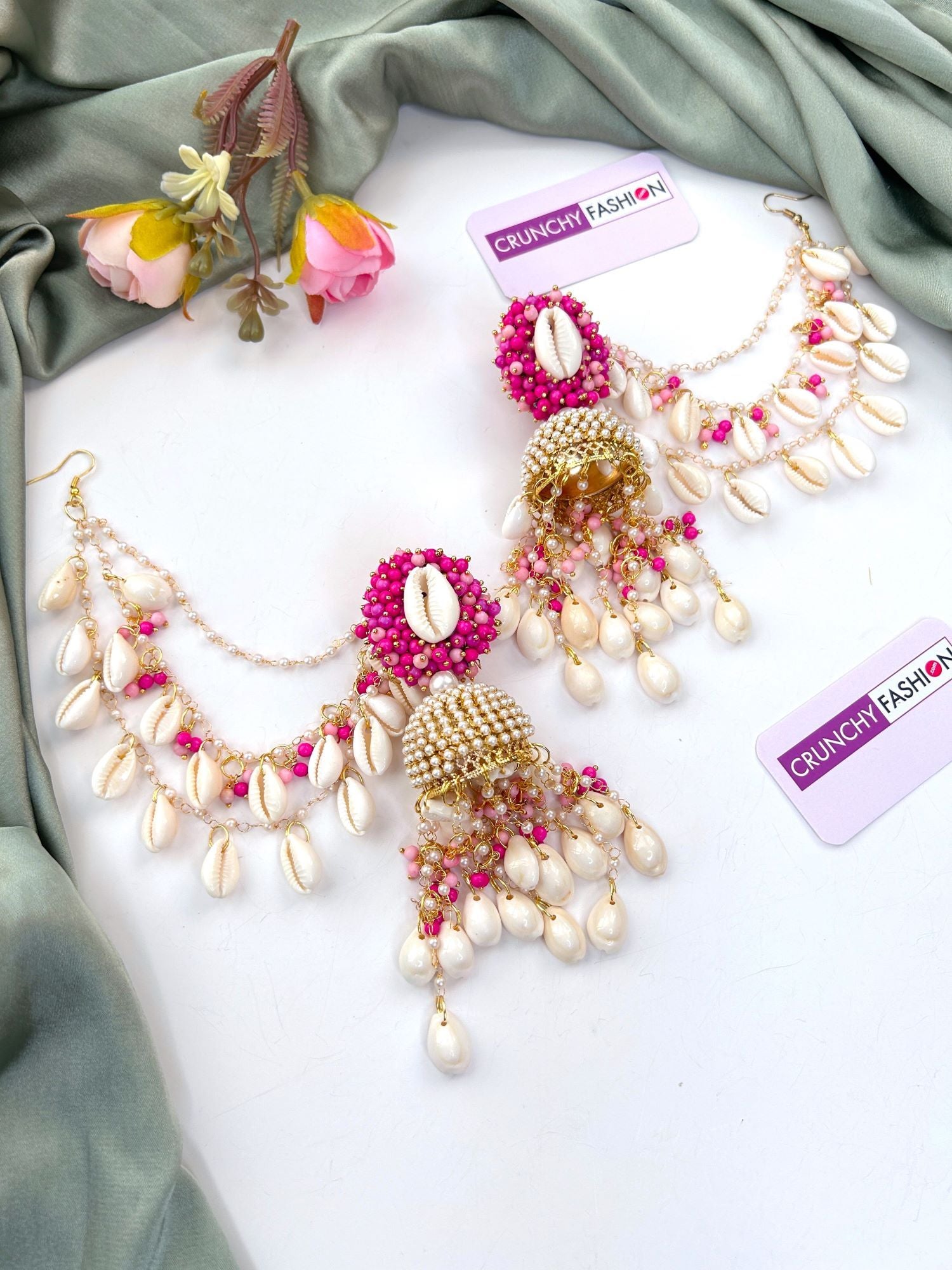 Women's pink floral imitation jewelry, Pearl & Sea Shell drop and dangler earrings with Earchian for Haldi