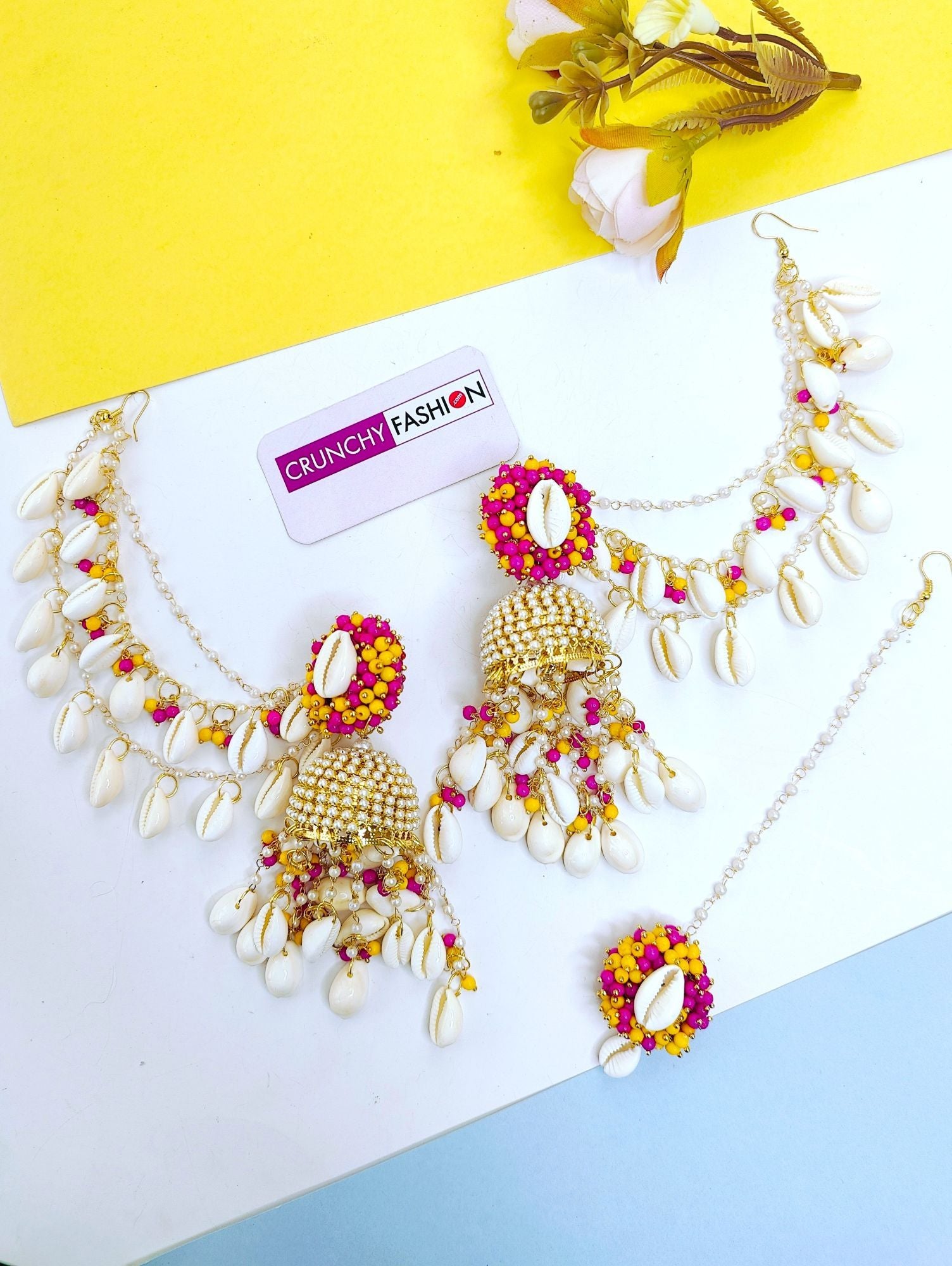 Women's floral imitation jewelry, Pink-Yellow Pearl & Sea Shell Jhumka earrings with Maang Tikka set for Haldi occasion