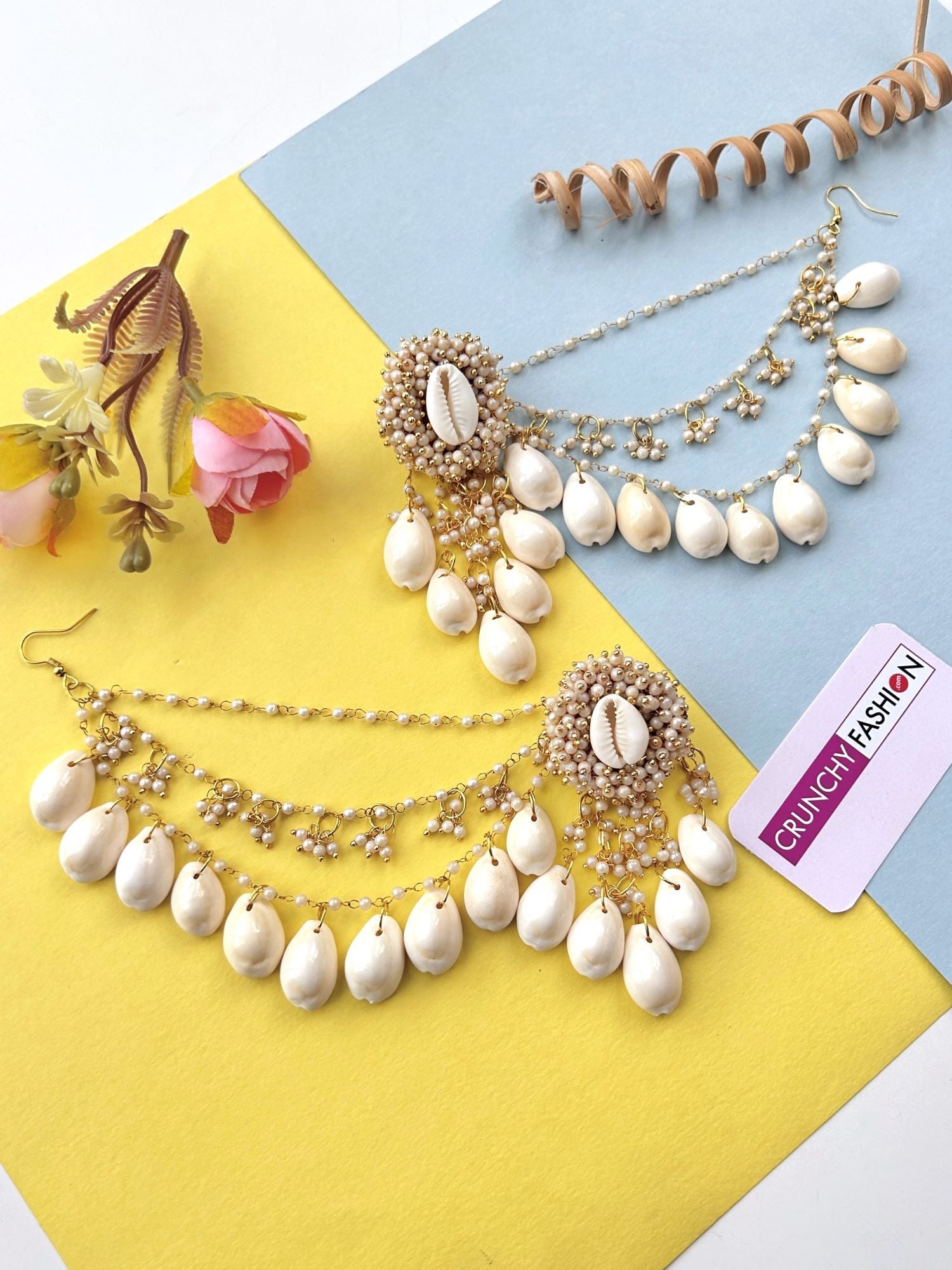 Floral white imitation jewelry, Pearl & Sea Shell earrings with Earchian for Haldi, handmade, beaded, women