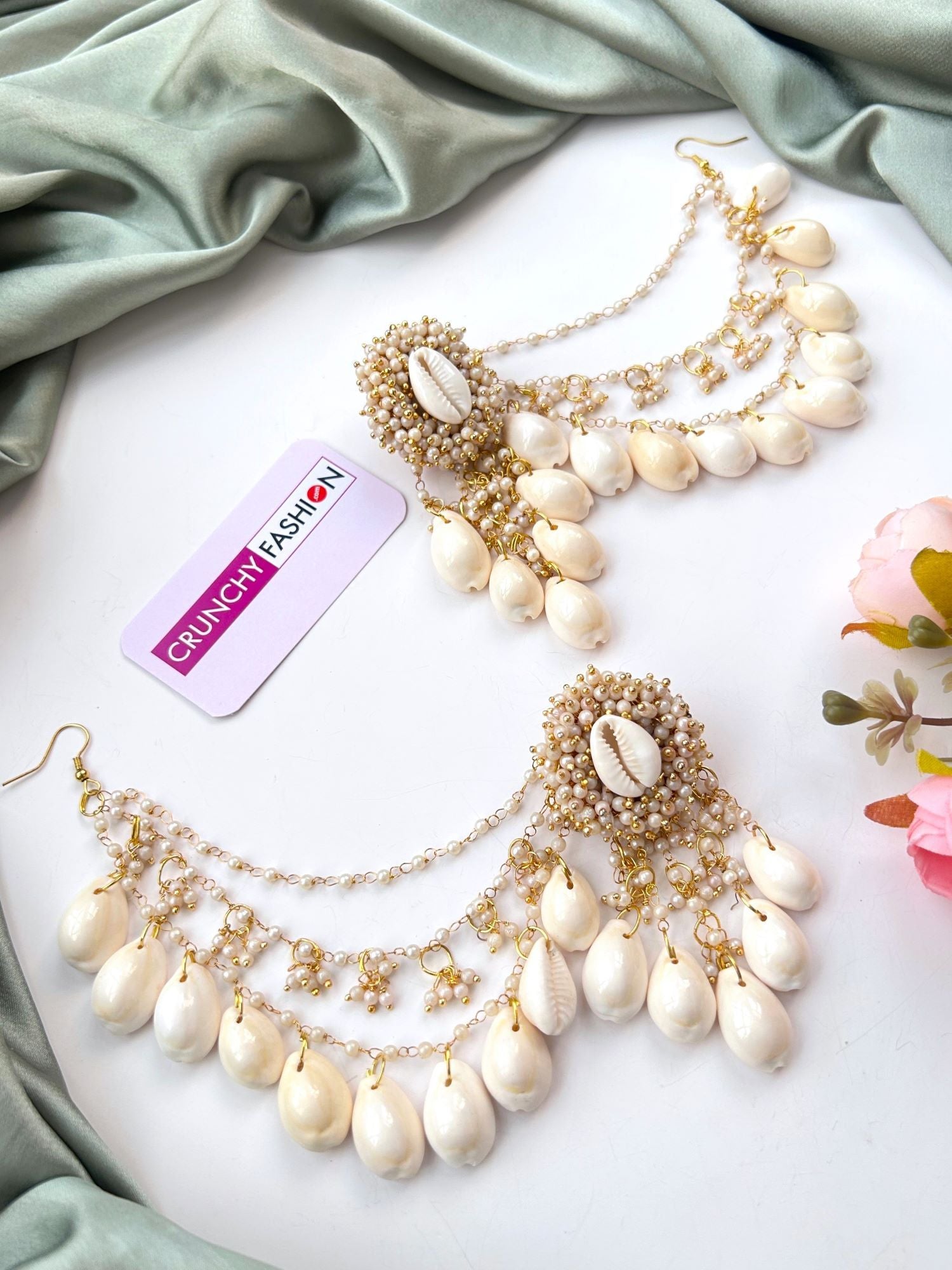 Floral white imitation jewelry, Pearl & Sea Shell earrings with Earchian for Haldi, handmade, beaded, women