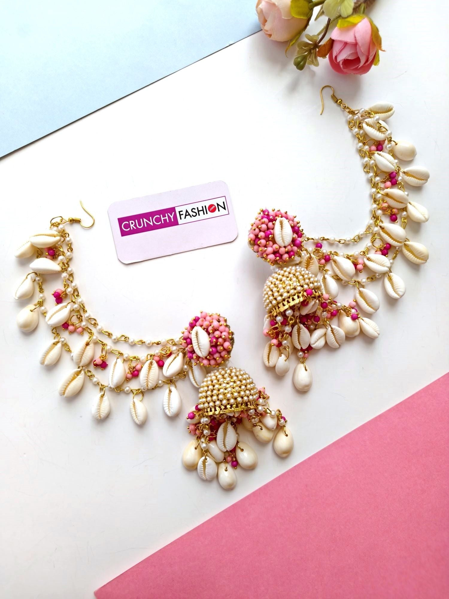 baby pink pearl sea shell earrings for haldi-mehndi, cowrie shells