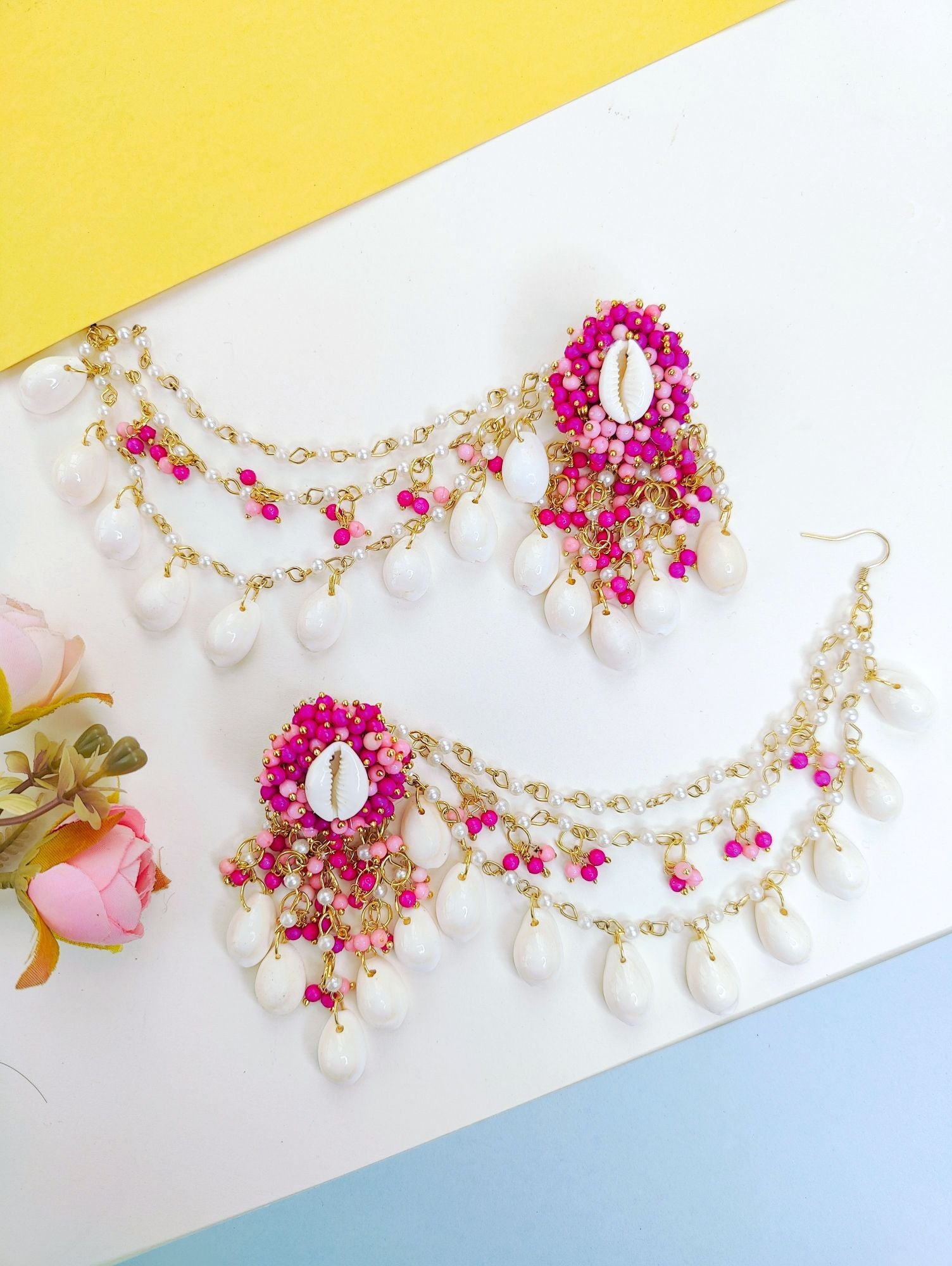 Pink-Baby Pink Pearl and Sea Shell drop and dangler earrings with ear chains for Haldi occasion, Haldi-Mehndi Jewellery