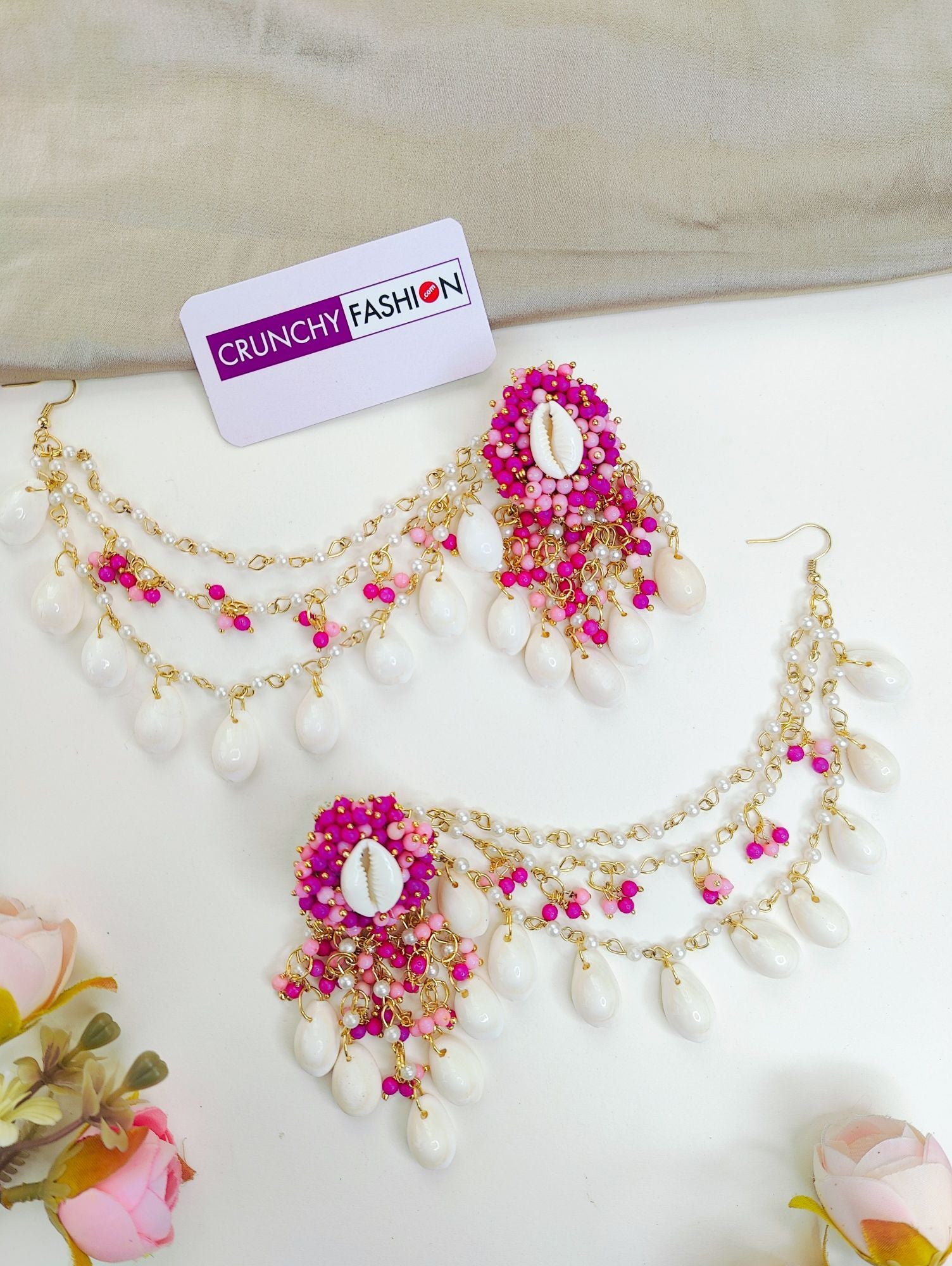 Pink-Baby Pink Pearl and Sea Shell drop and dangler earrings with ear chains for Haldi occasion, Haldi-Mehndi Jewellery