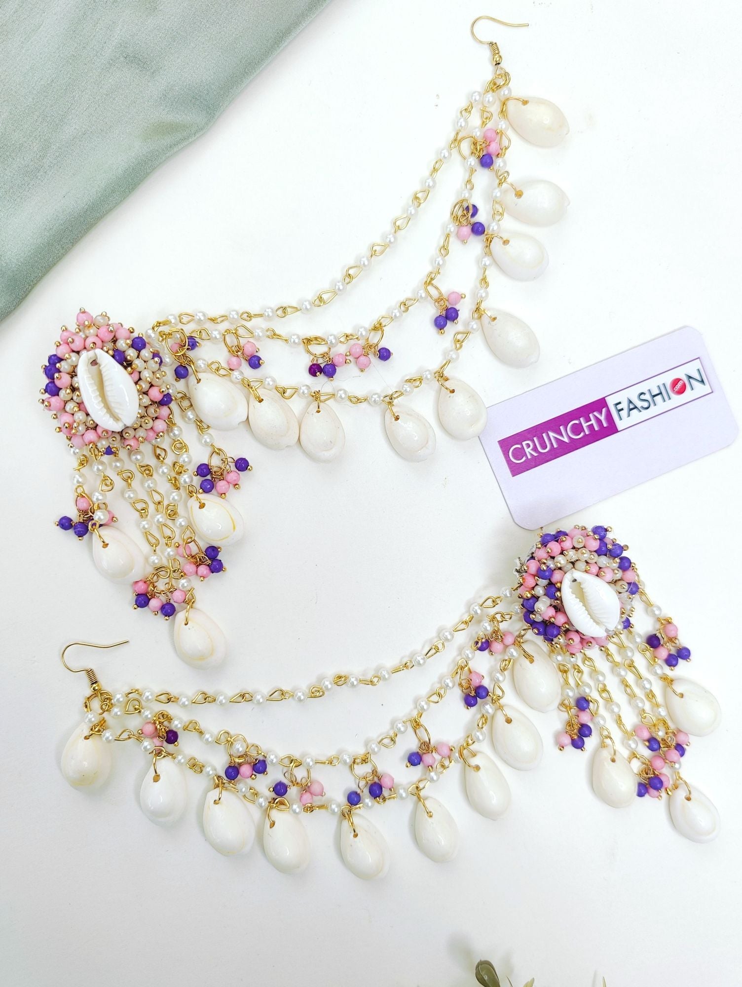 Lavender & pink pearl drop earrings w/ seashell accents & ear chains, floral imitation jewelry for Haldi