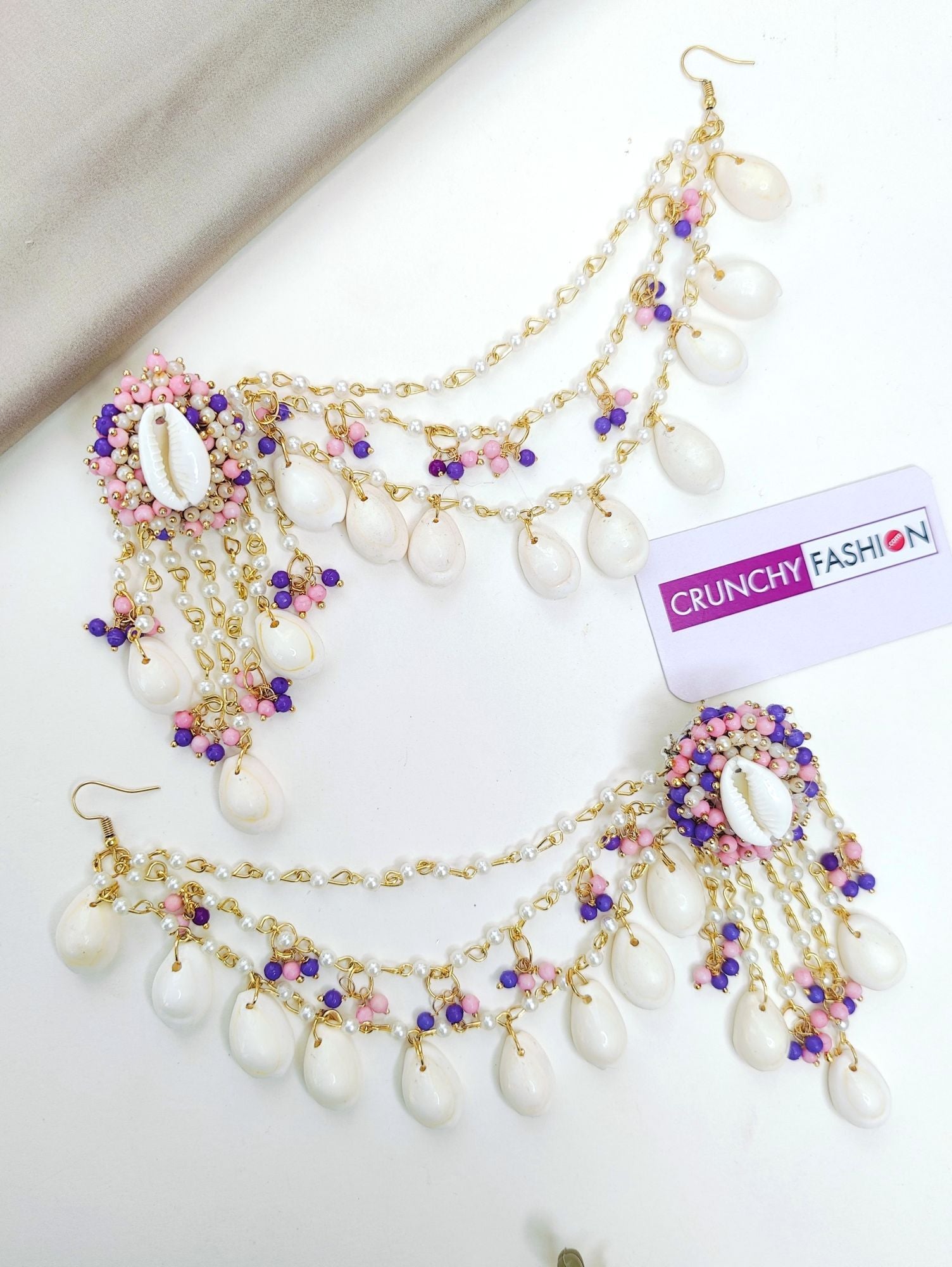 Lavender & pink pearl drop earrings w/ seashell accents & ear chains, floral imitation jewelry for Haldi