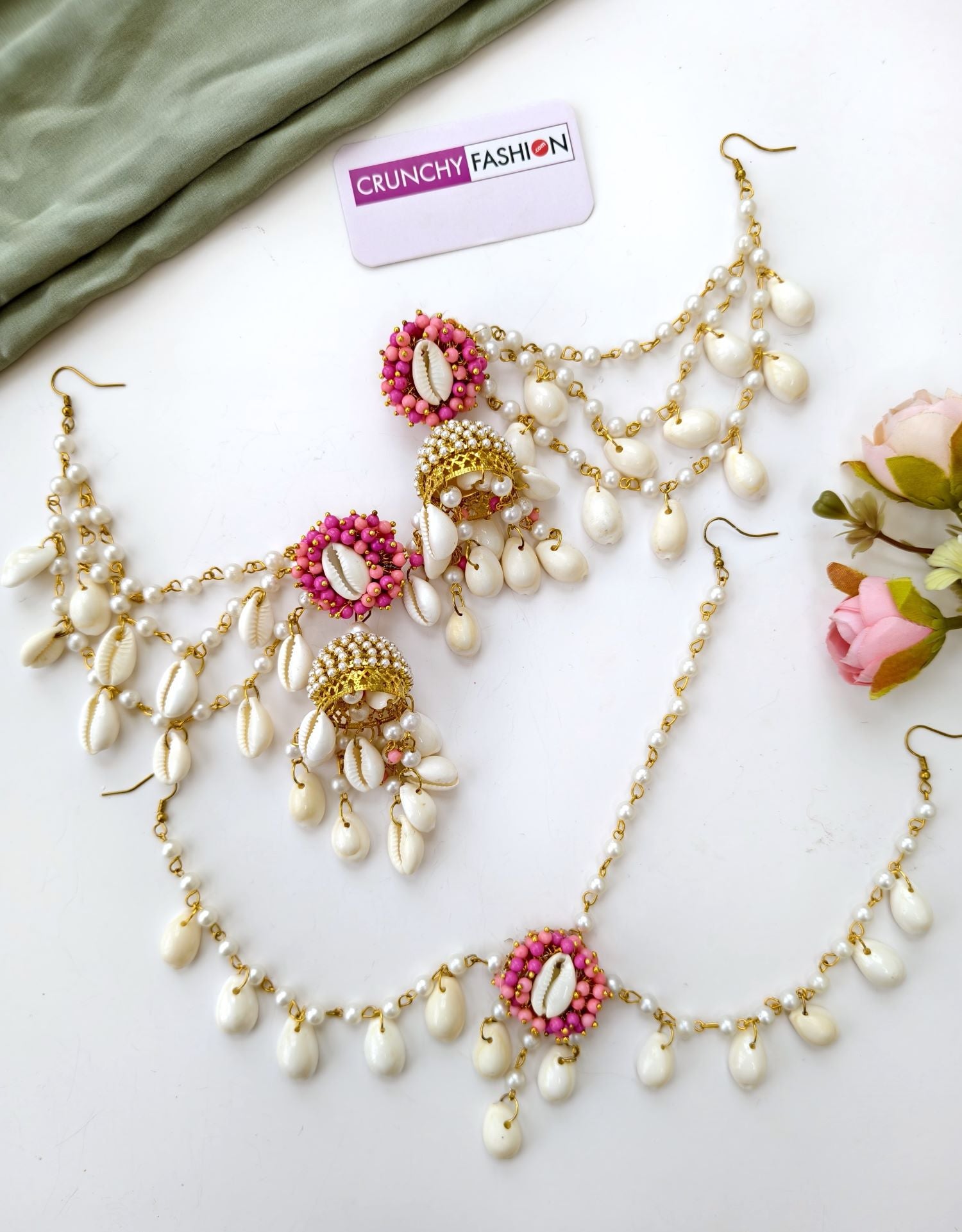 Pink Pearl & Sea Shell Baby Pink Earrings with Earchian & Matha Patti