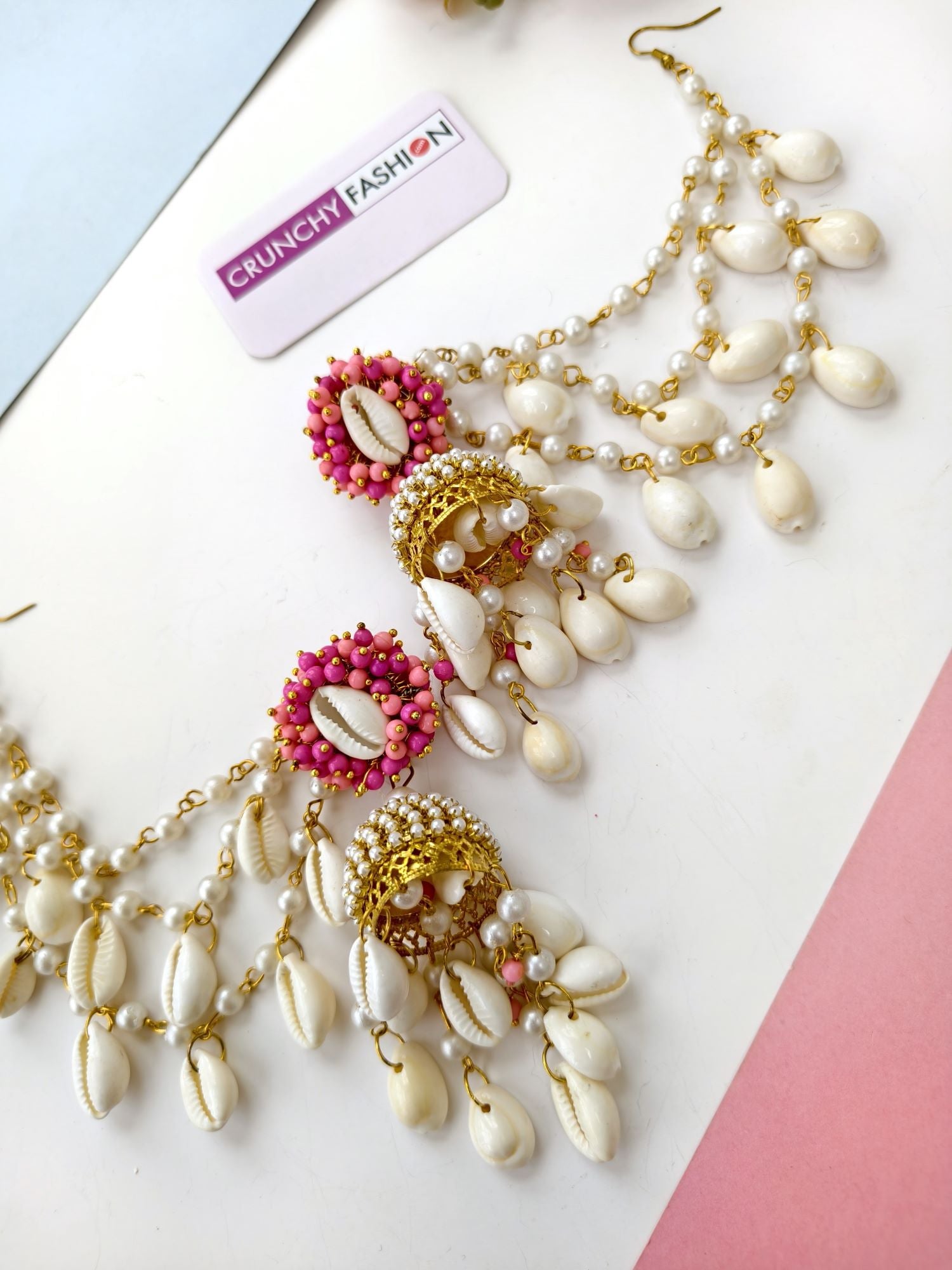 Pink Pearl & Sea Shell Baby Pink Earrings with Earchian & Matha Patti