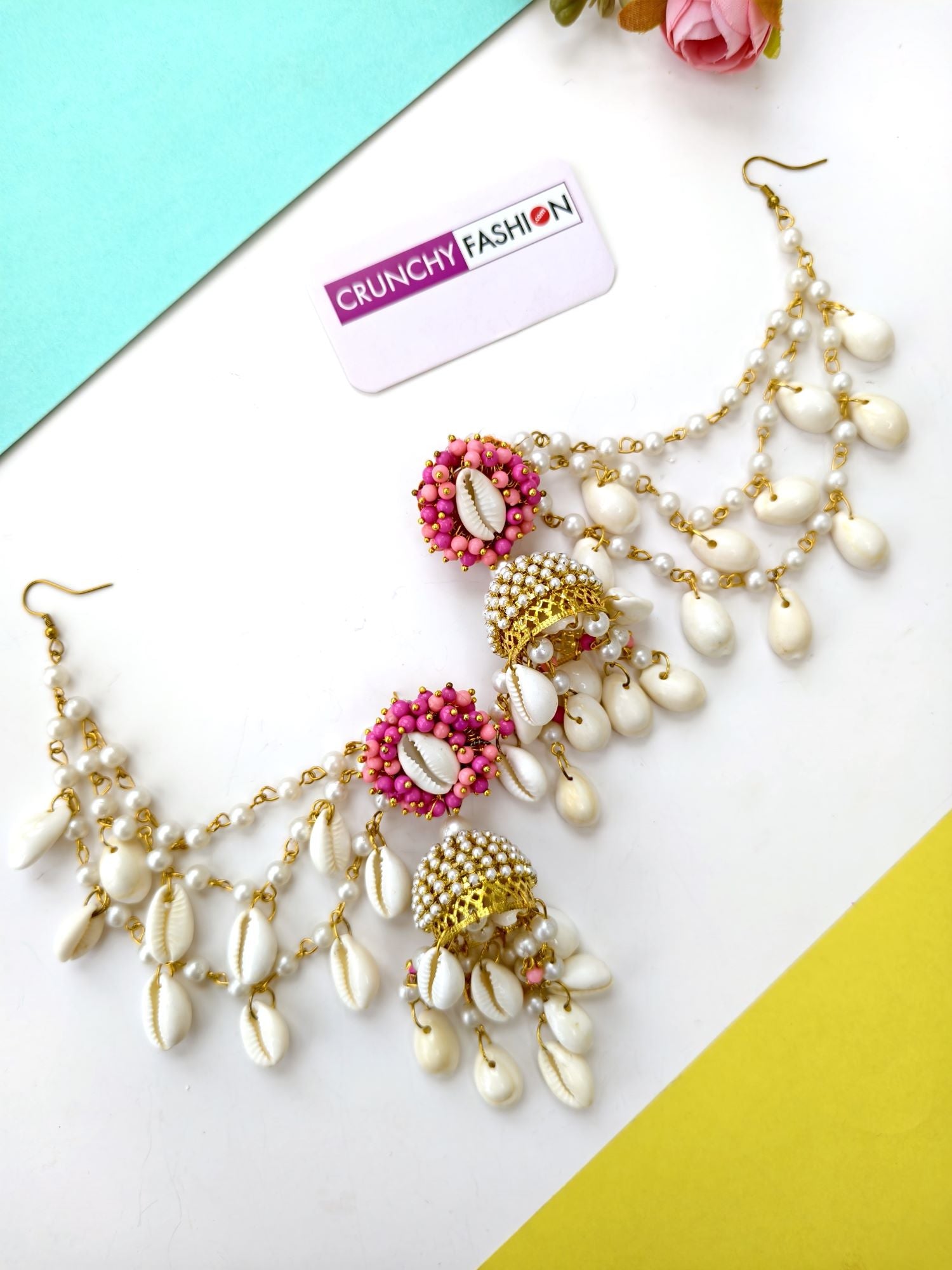 Pink Pearl & Sea Shell Baby Pink Earrings with Earchian & Matha Patti