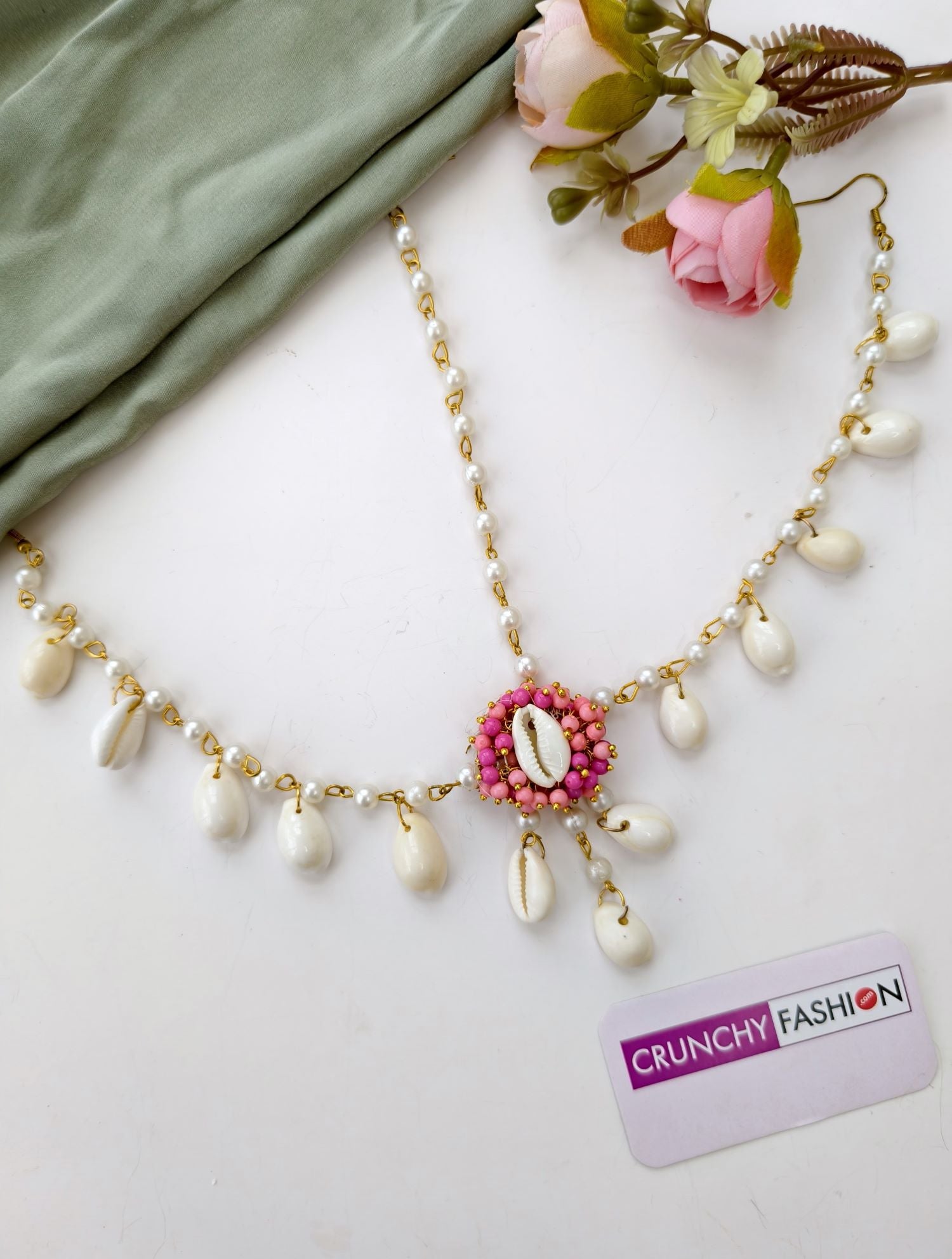 Pink Pearl & Sea Shell Baby Pink Earrings with Earchian & Matha Patti