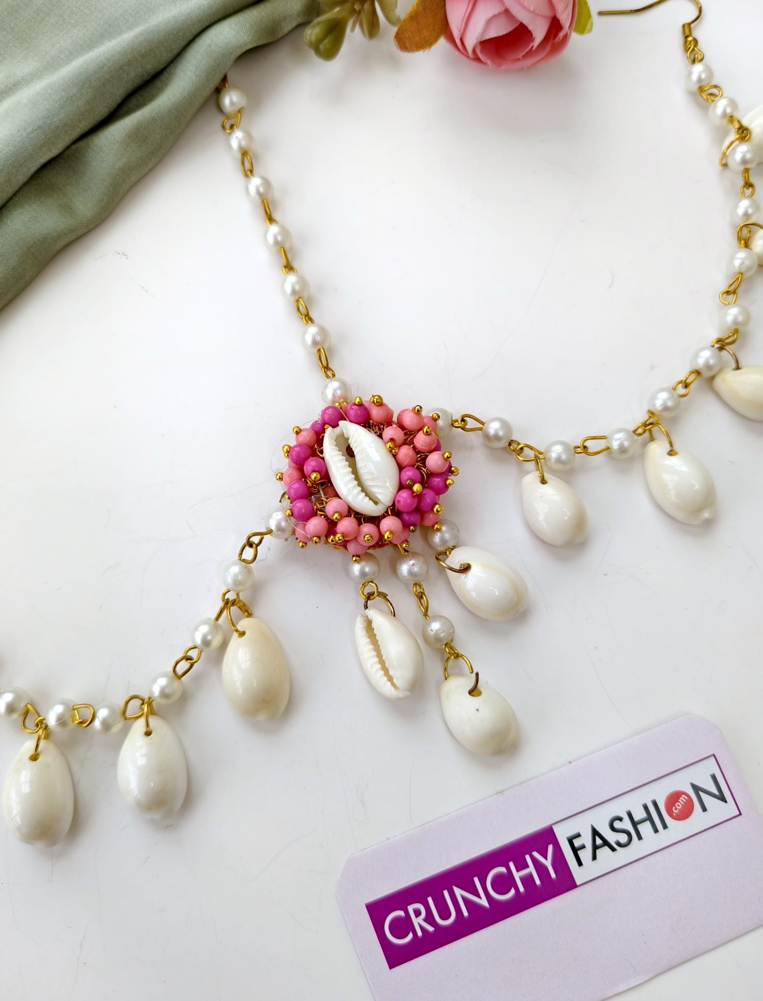 Pink Pearl & Sea Shell Baby Pink Earrings with Earchian & Matha Patti