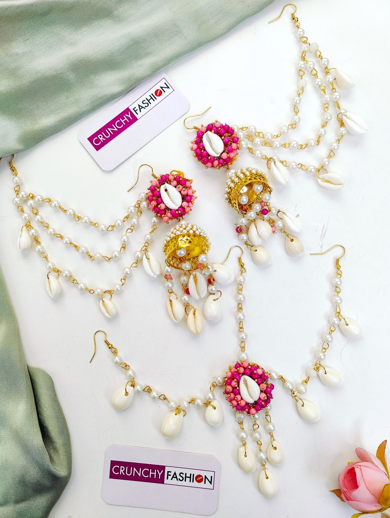 Women's pink drop, dangler earrings with seashell & pearl for Haldi imitation jewelry set incl Maang Tikka, Earchain