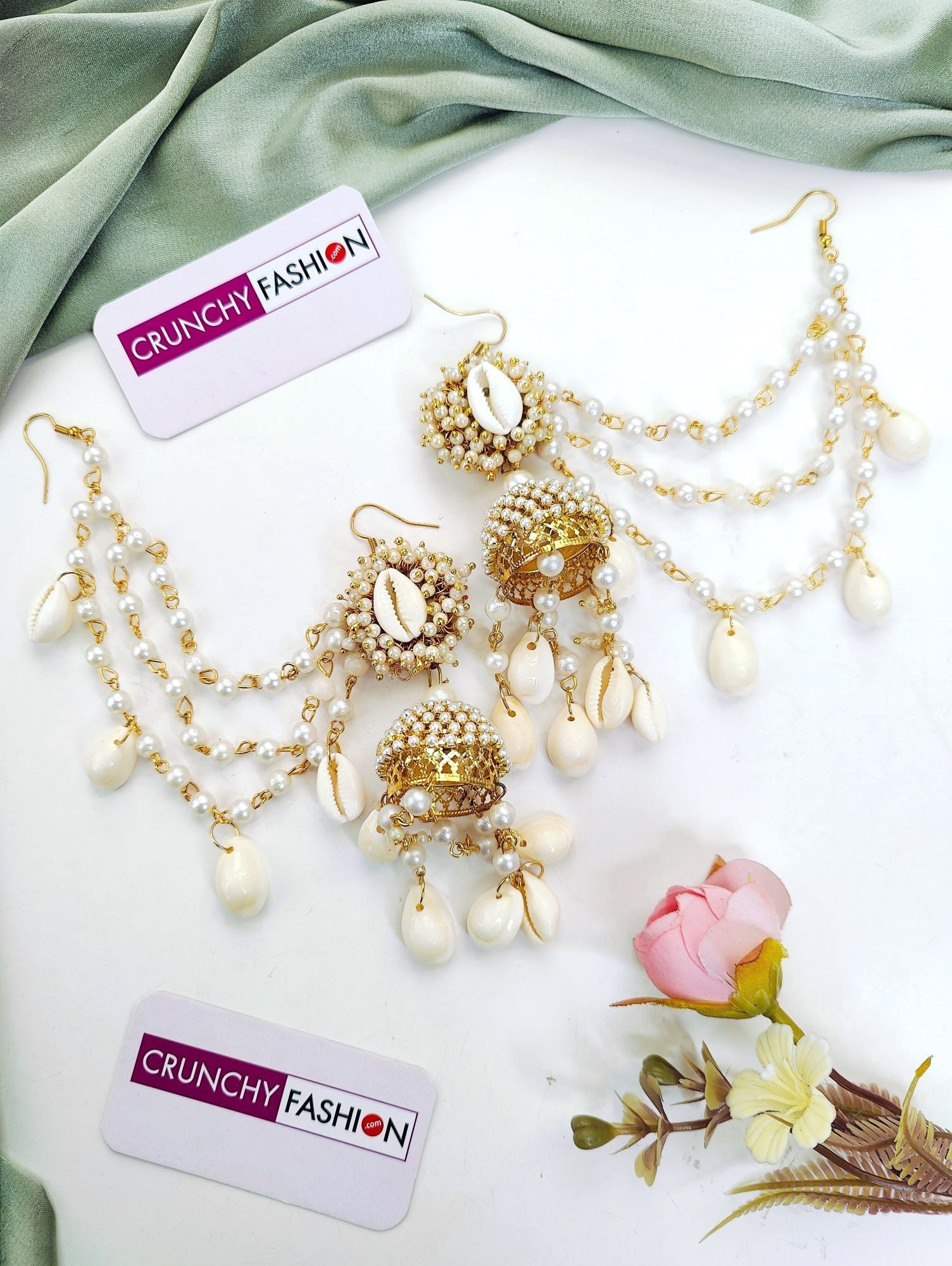 Floral-themed Ivory Pearl & Shell Drop-Dangler Earrings w/Ear chain & Matha patti set for women's Haldi 2025