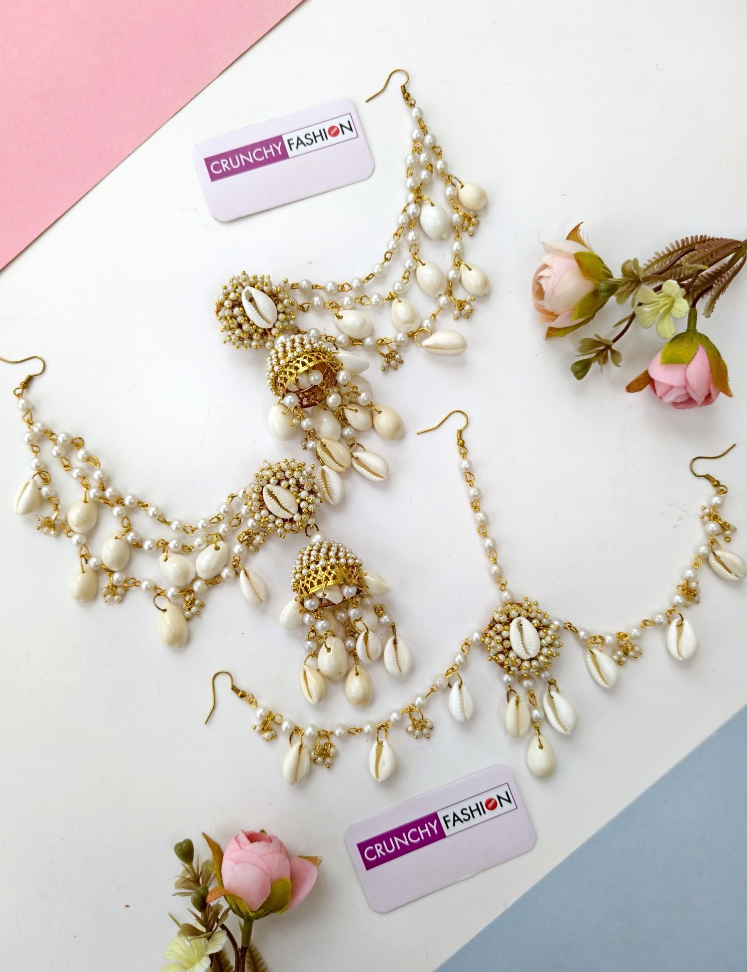 Ivory Pearl & Sea Shell Earrings, Ear chain & Matha Patti for Haldi